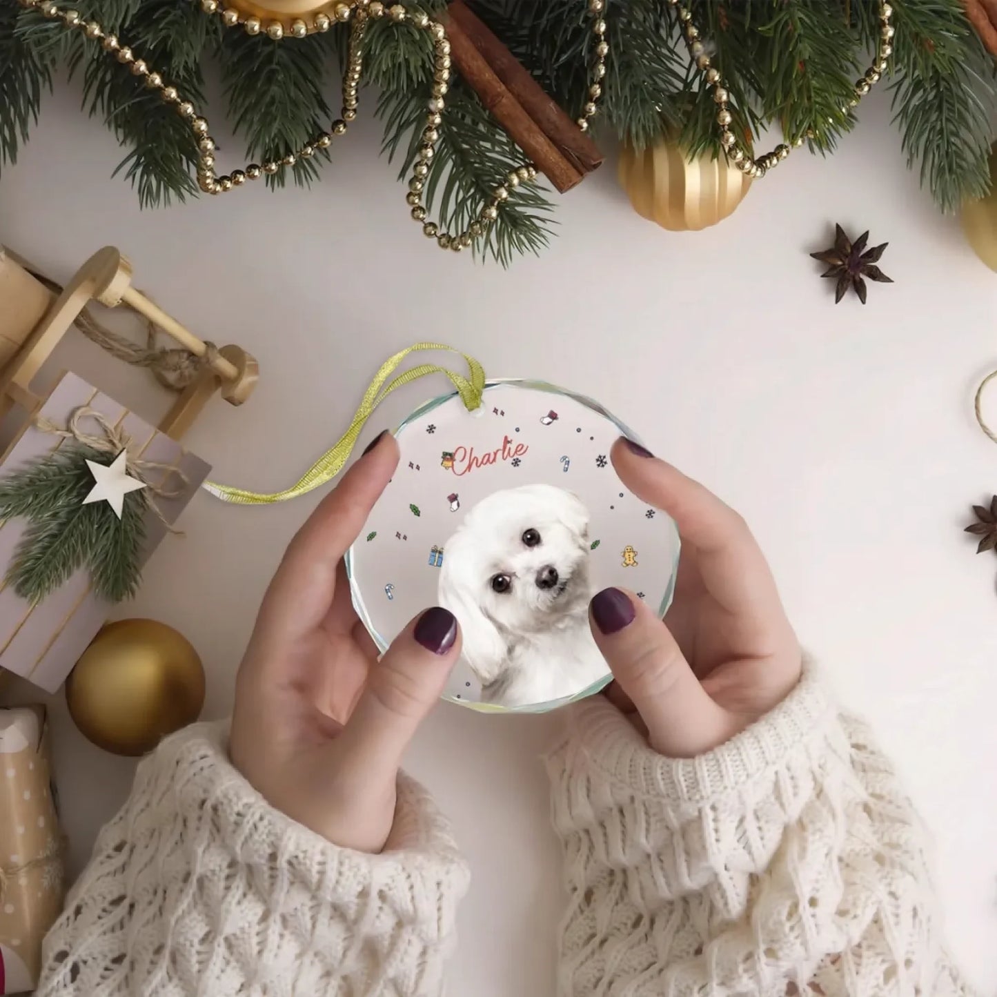 Personalized dog mom acrylic holiday ornament with custom pet photo and christmas icons - Jollimate