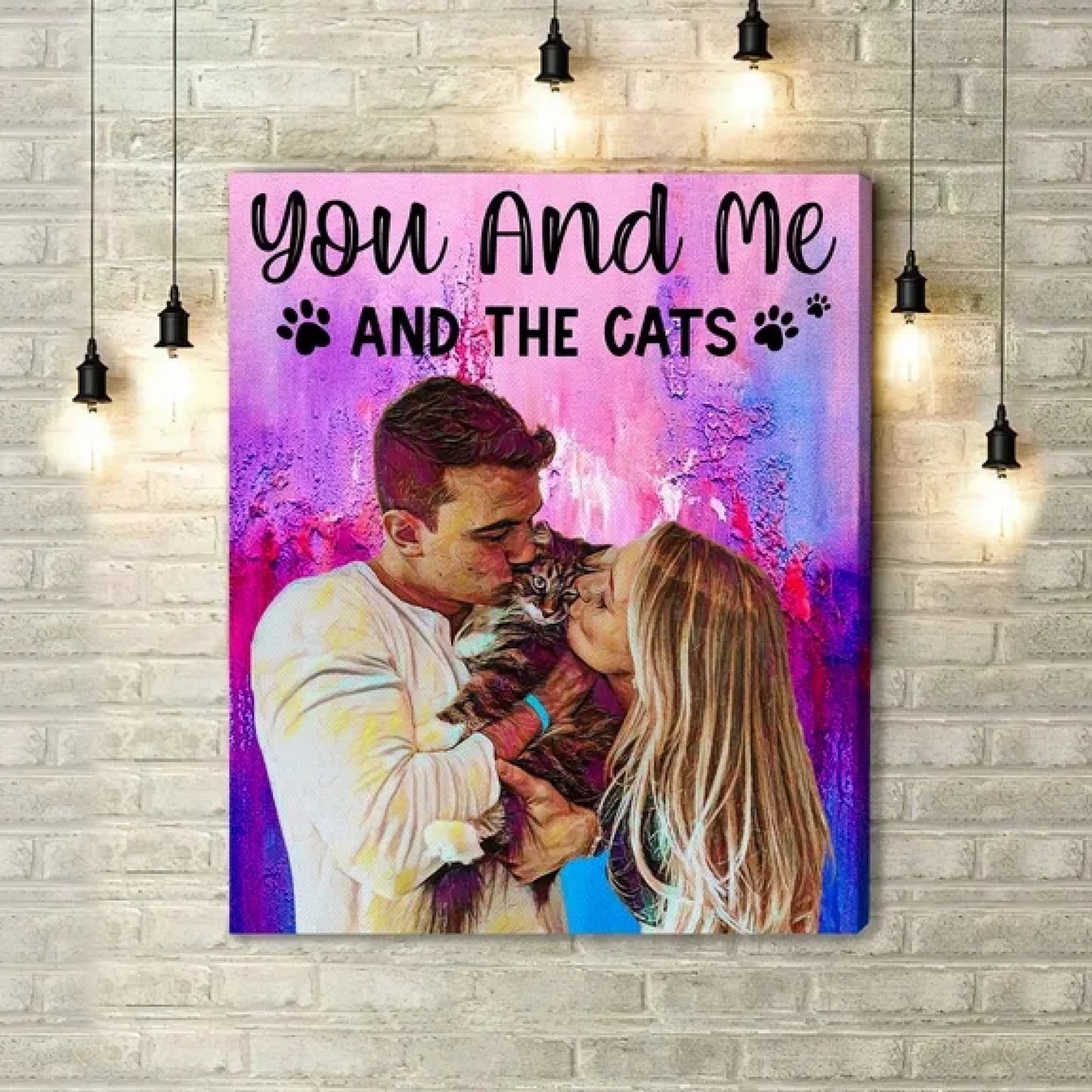 Personalized cat mom canvas with custom couple and cat oil painting style portrait front view - Jollimate
