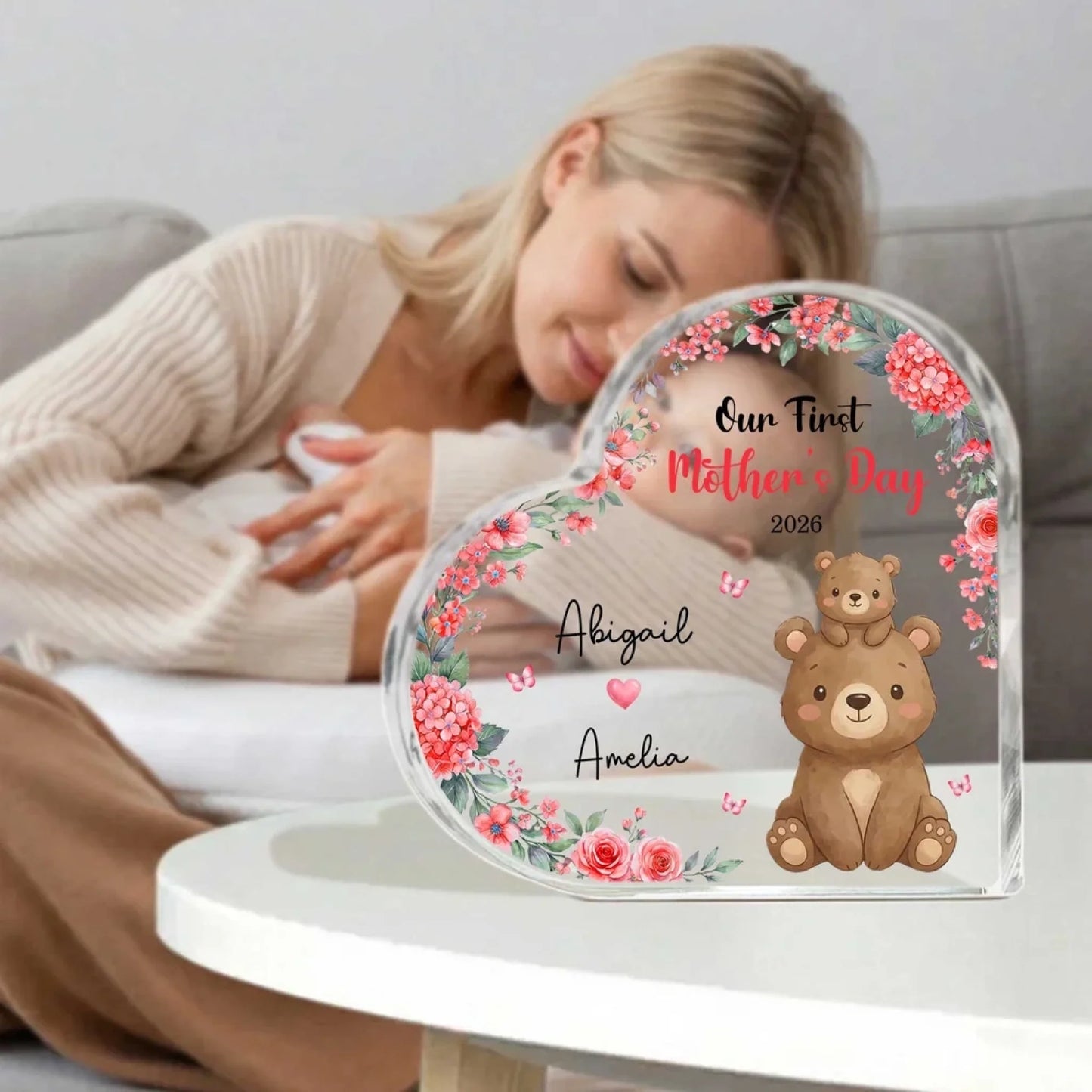Personalized first mothers day heart acrylic plaque with cute bears and pink flowers front view - Jollimate