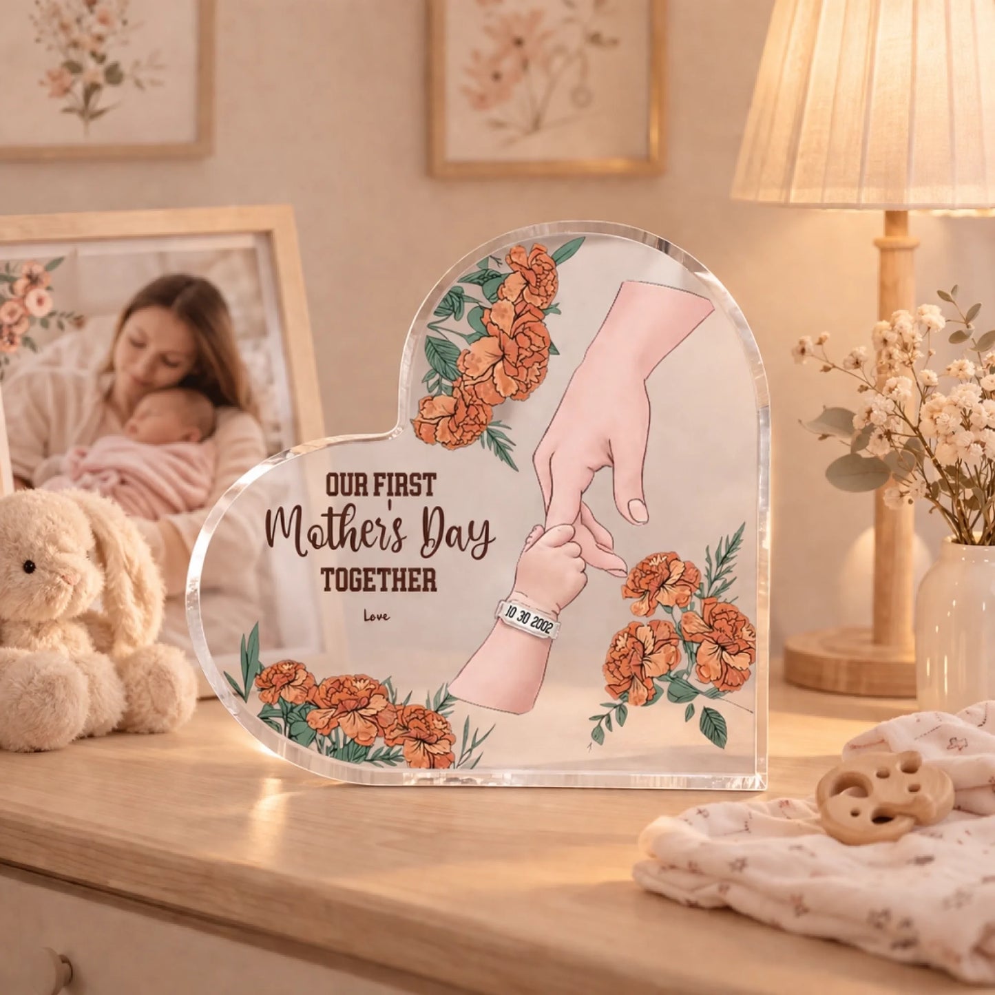 Personalized acrylic plaque with mother baby hands and floral design on bedside table warm nursery view - Jollimate
