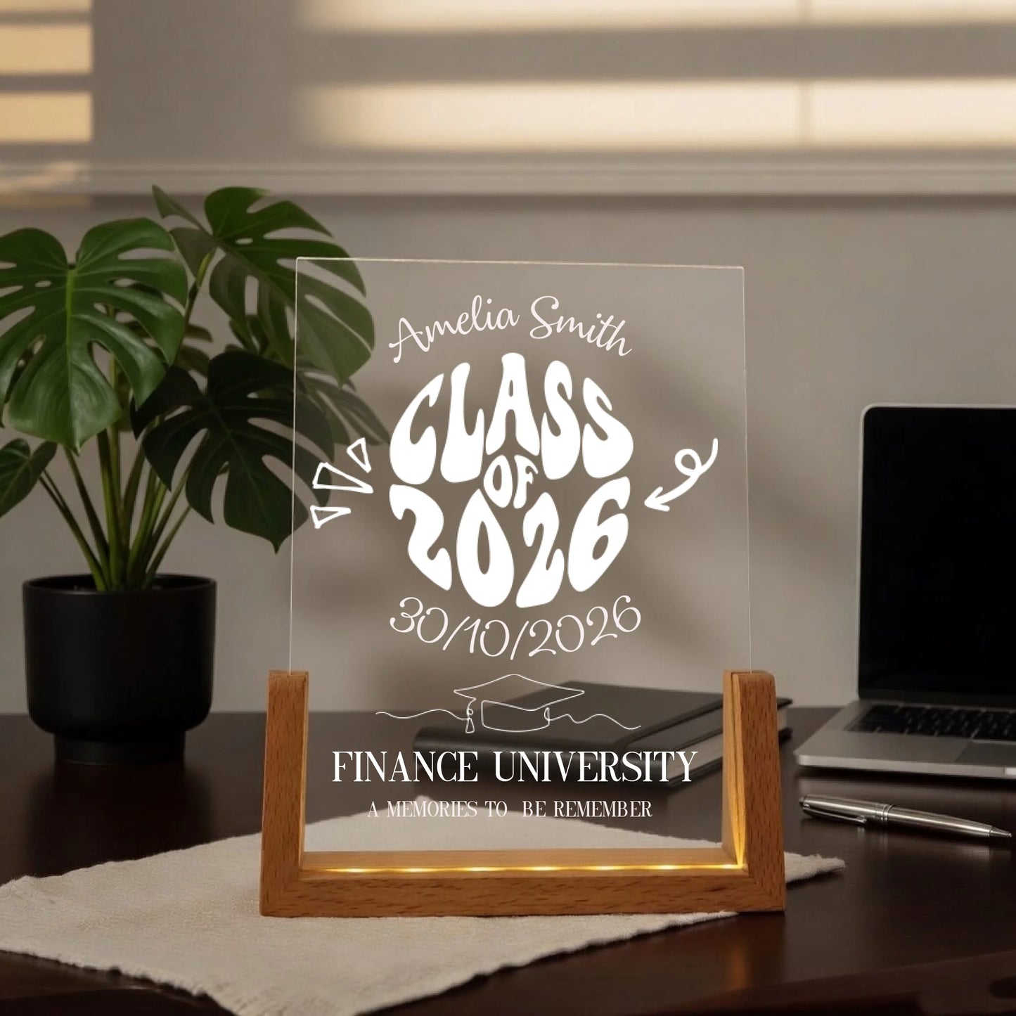 Personalized acrylic lamp with class of 2026 name design on desk warm LED glow front view - Jollimate