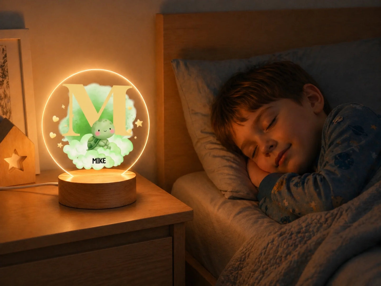 Personalized acrylic night light with fox cloud Nancy design glowing front view - Jollimate