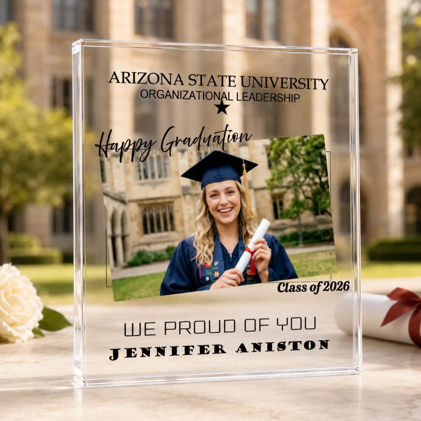 Personalized graduation acrylic plaque with custom graduate photo, university name, class of 2026, and student name
