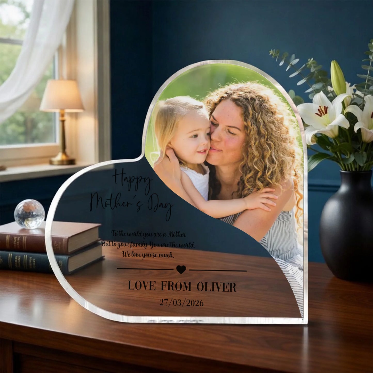 Personalized Mother's Day photo plaque with a photo of a mother and child, placed on a desk with office supplies and a plant.