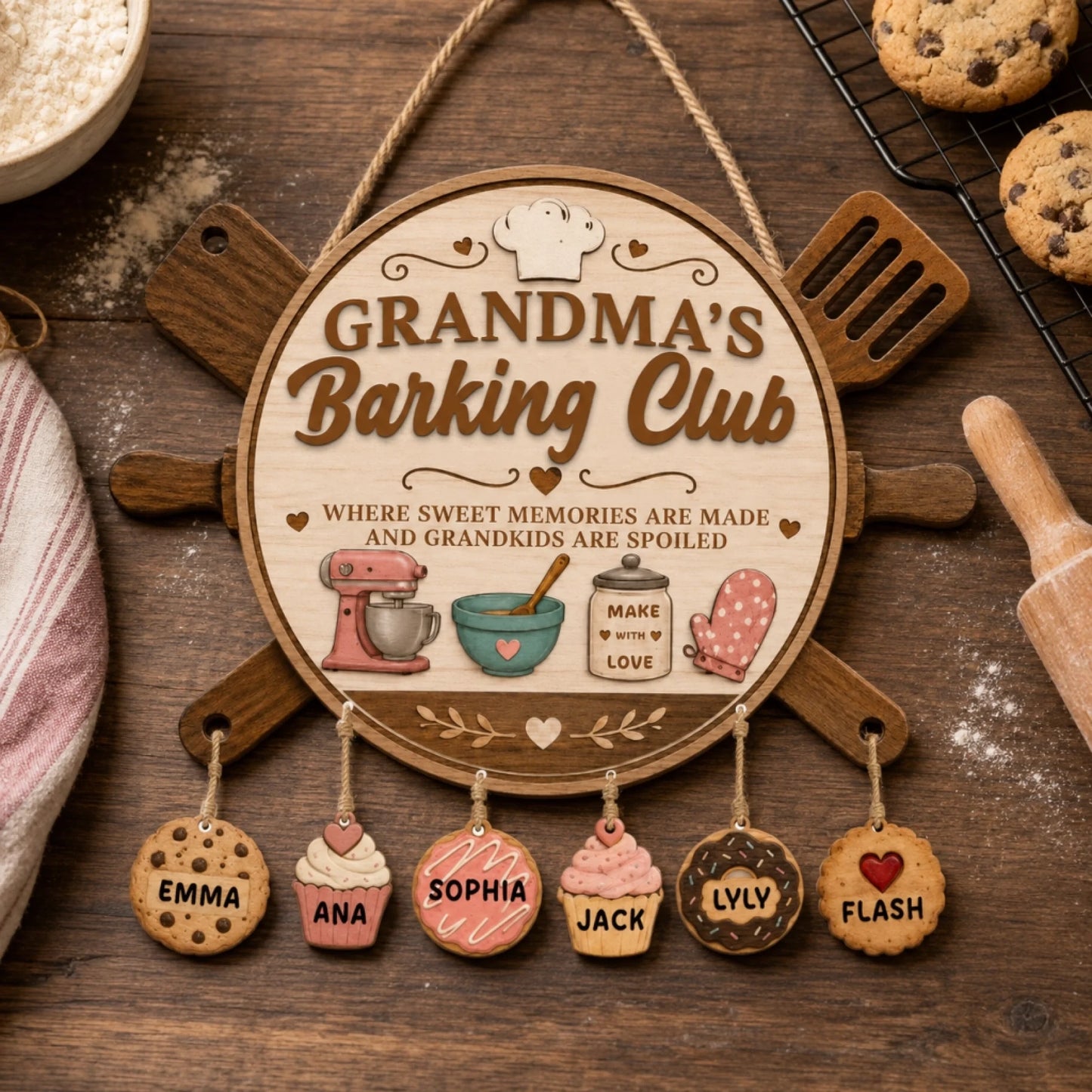 A wooden decorative sign featuring a chef's hat, baking illustrations, and the text 'GRANDMA'S Barking Club'. Six personalized charms hang below.