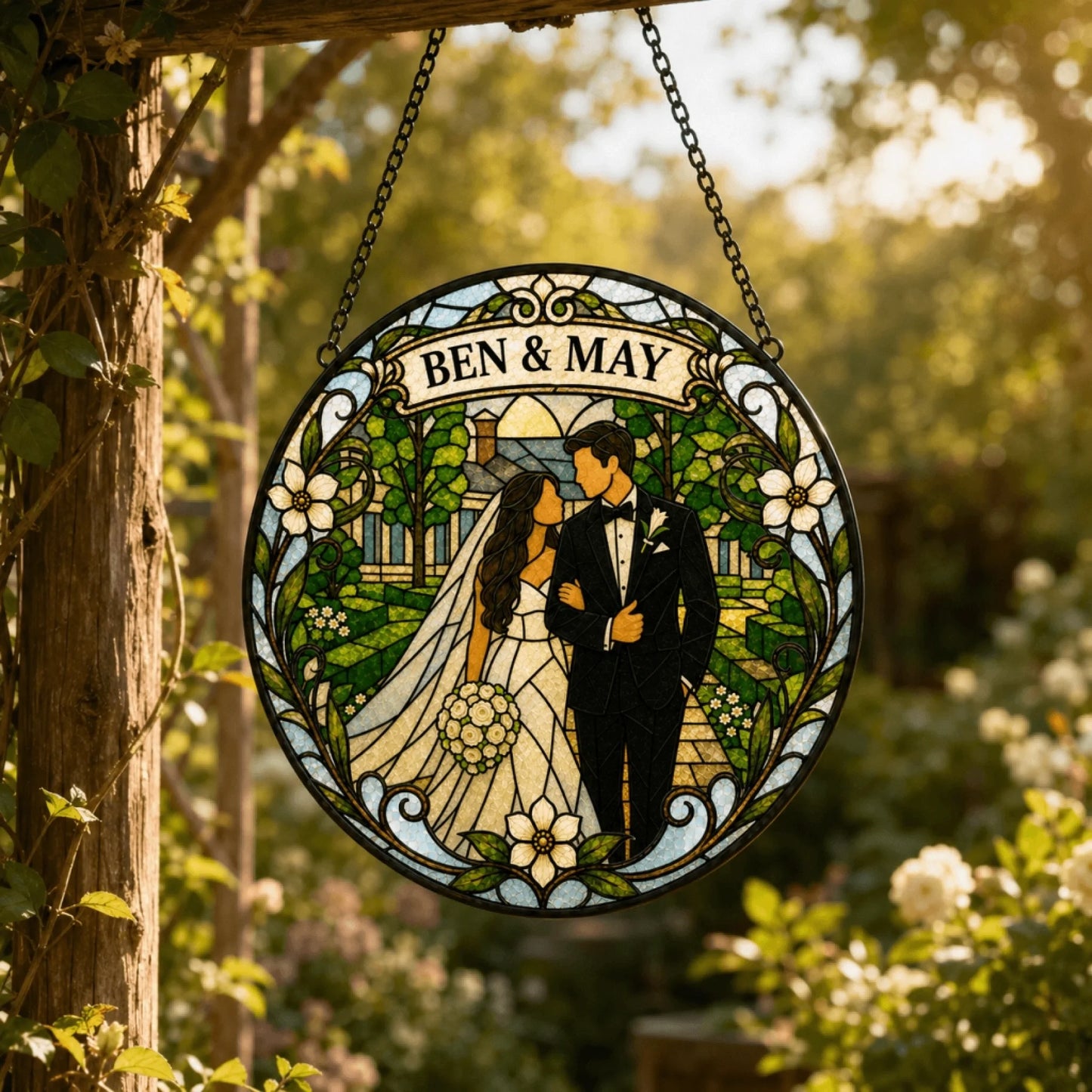 A round, stained-glass style sign depicting a newlywed couple embracing in a garden, with 'BEN & MAY' written above them. It hangs outdoors.