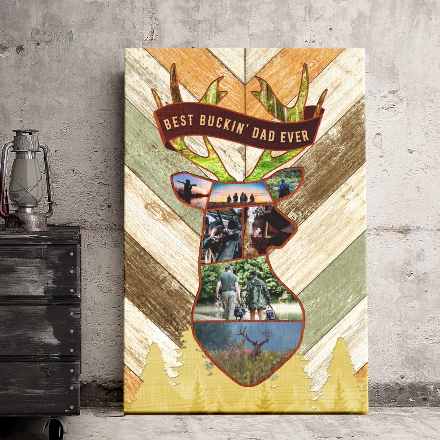 A vertical canvas print featuring a deer head collage with hunting photos and "BEST BUCKIN' DAD EVER" text, next to a vintage lantern.