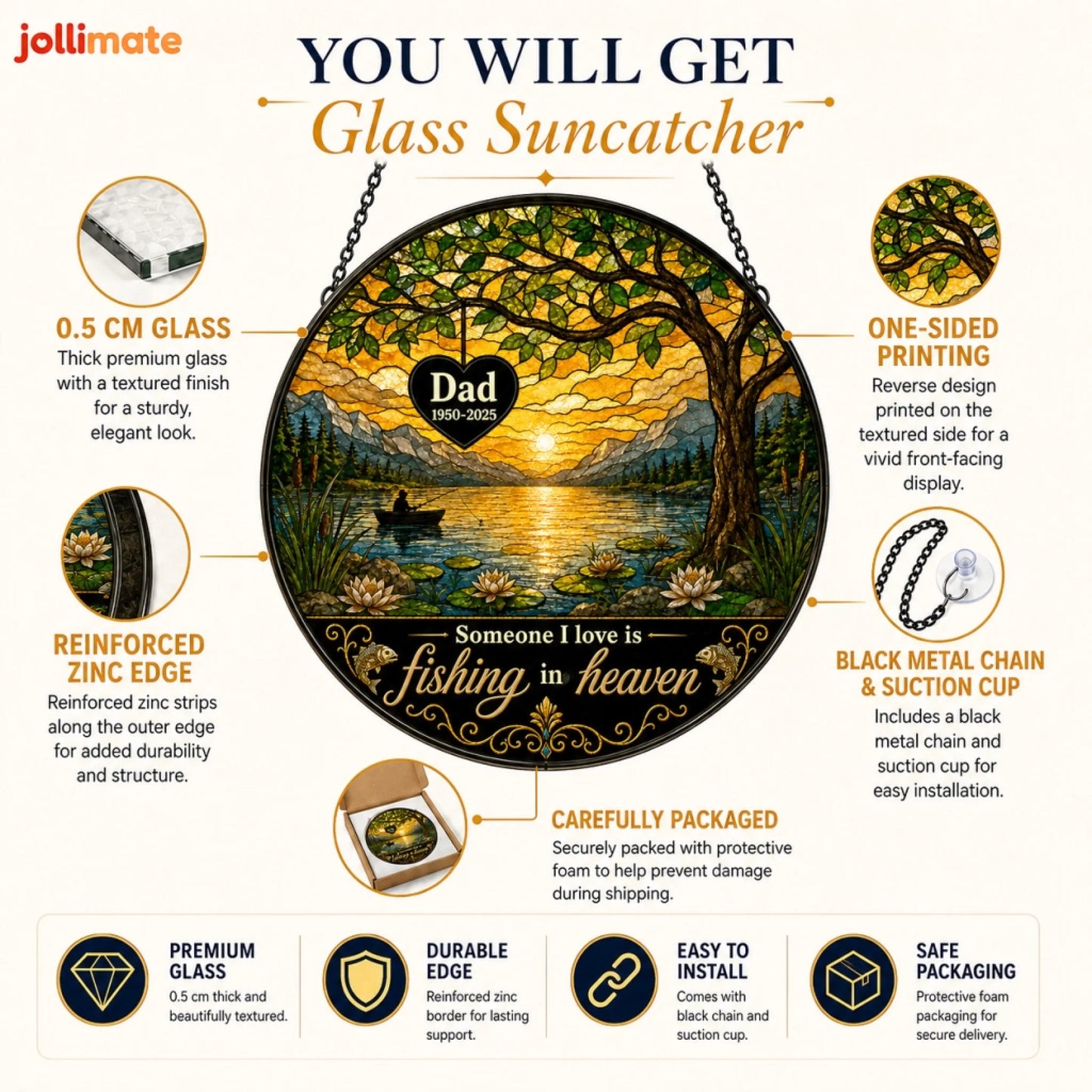 A round glass suncatcher with a fishing scene at sunset, featuring a black heart with 'Dad 1950-2025'. Callouts detail its glass, zinc edge, printing, chain, and packaging.