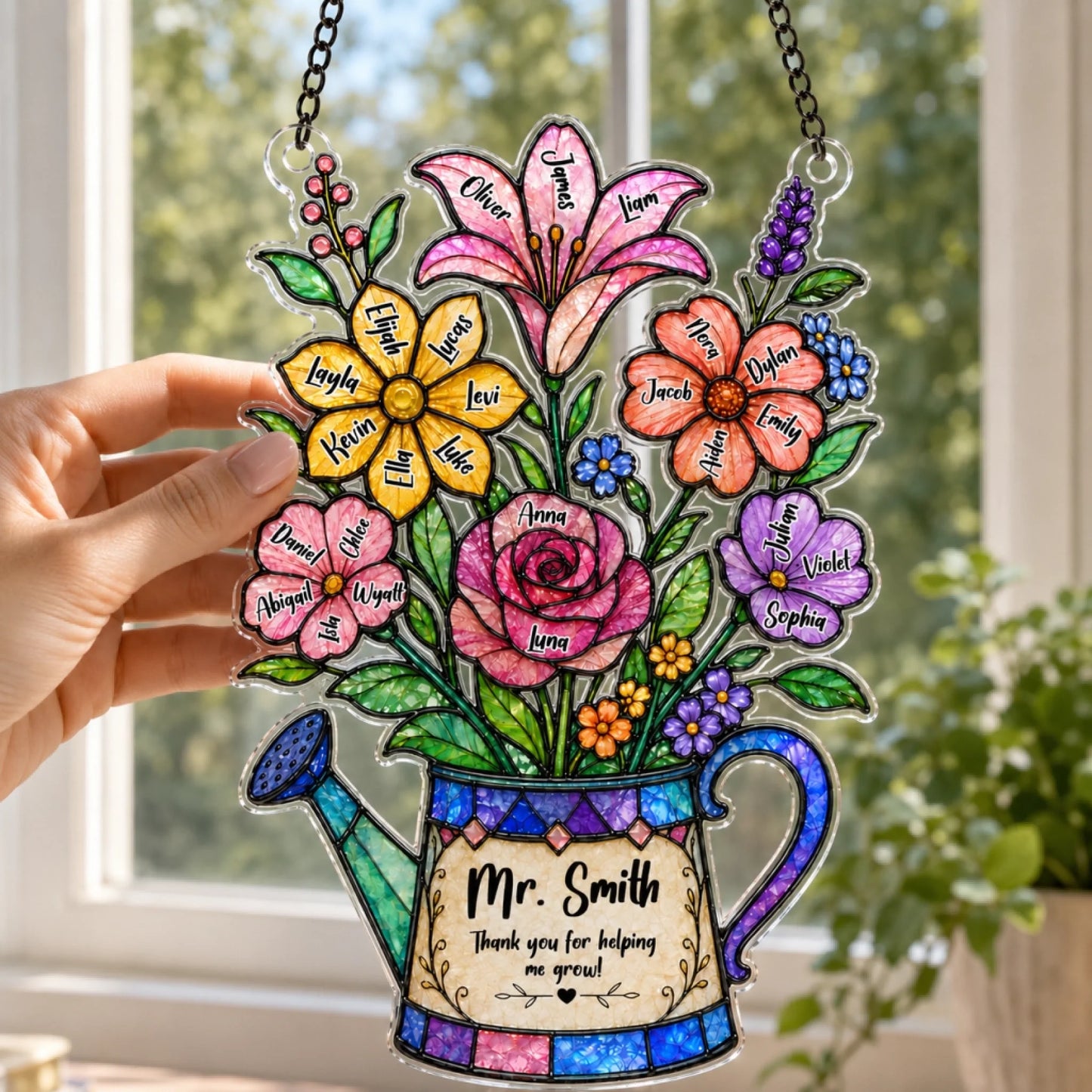 A hand holds up a colorful watering can shaped plaque featuring named flowers and a thank you message, with a bright window in the background.