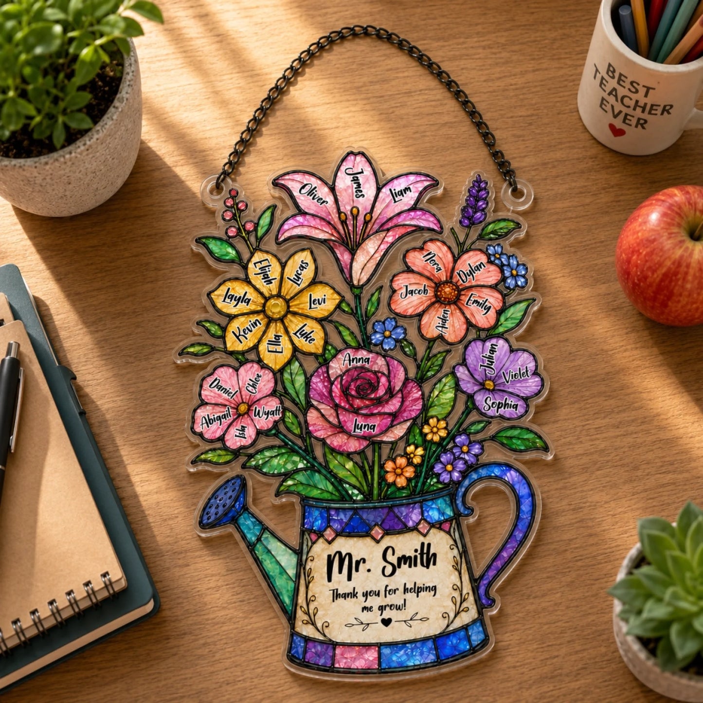 A colorful watering can shaped plaque with named flowers and a thank you message, lying on a wooden desk with office supplies and a plant.