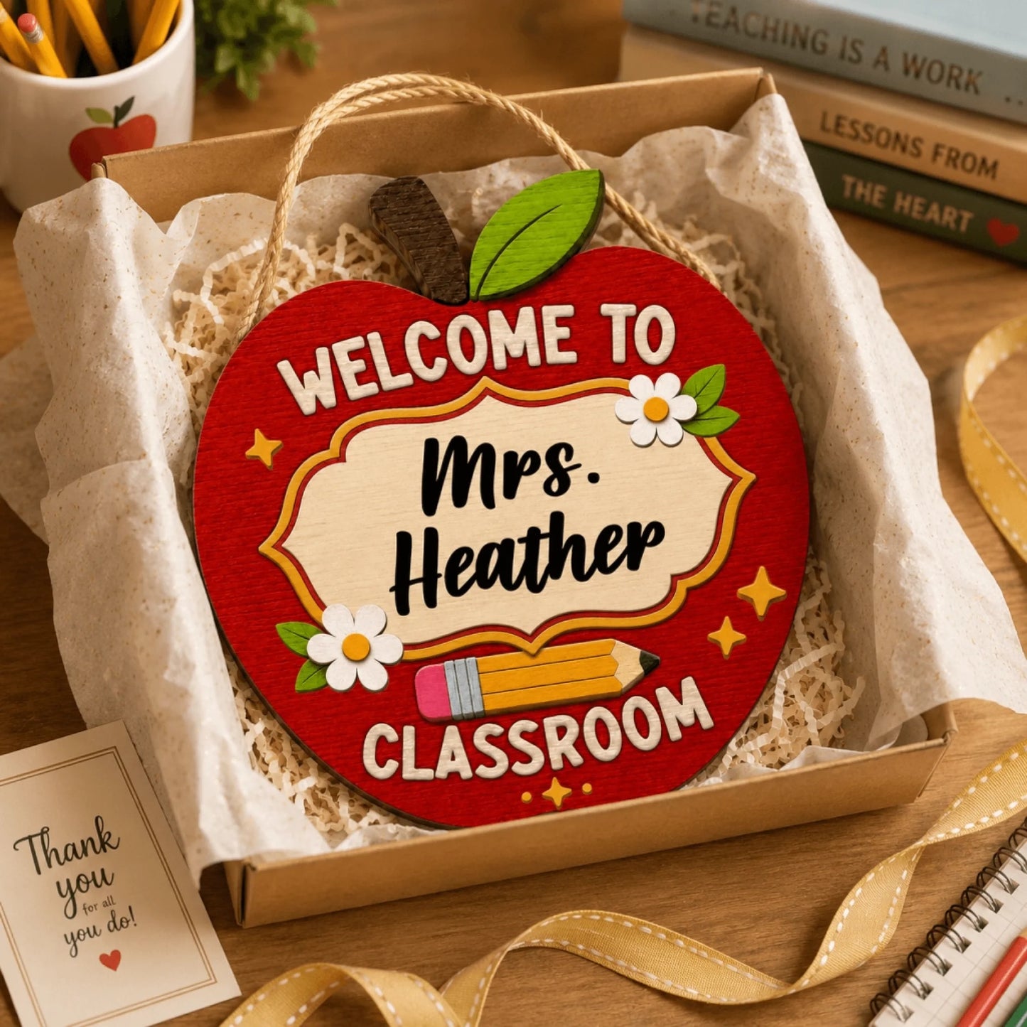 An apple-shaped wooden sign reading "WELCOME TO Mrs. Heather CLASSROOM" with a pencil and flowers, presented in a gift box.