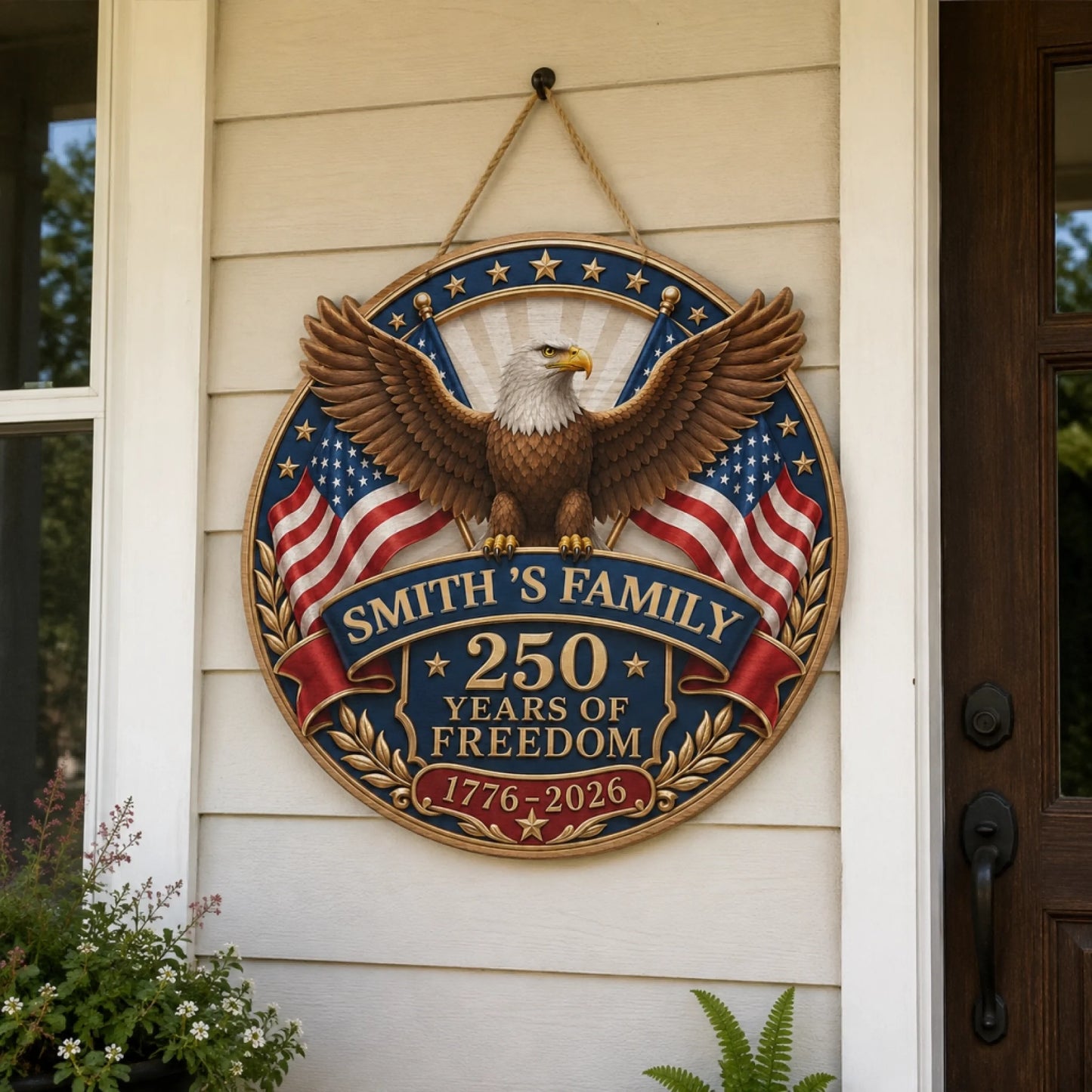 Decorative wall plaque with eagle and American flag design on a house exterior.