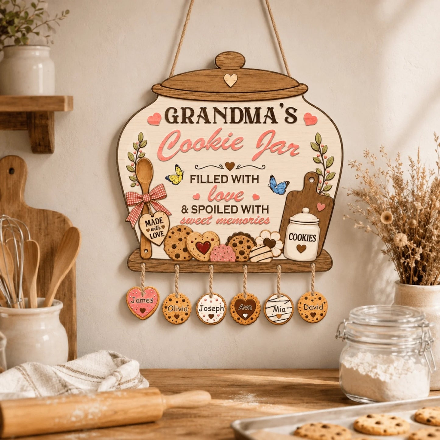 Decorative sign for 'Grandma's Cookie Jar' with cookie illustrations and names on a kitchen counter.
