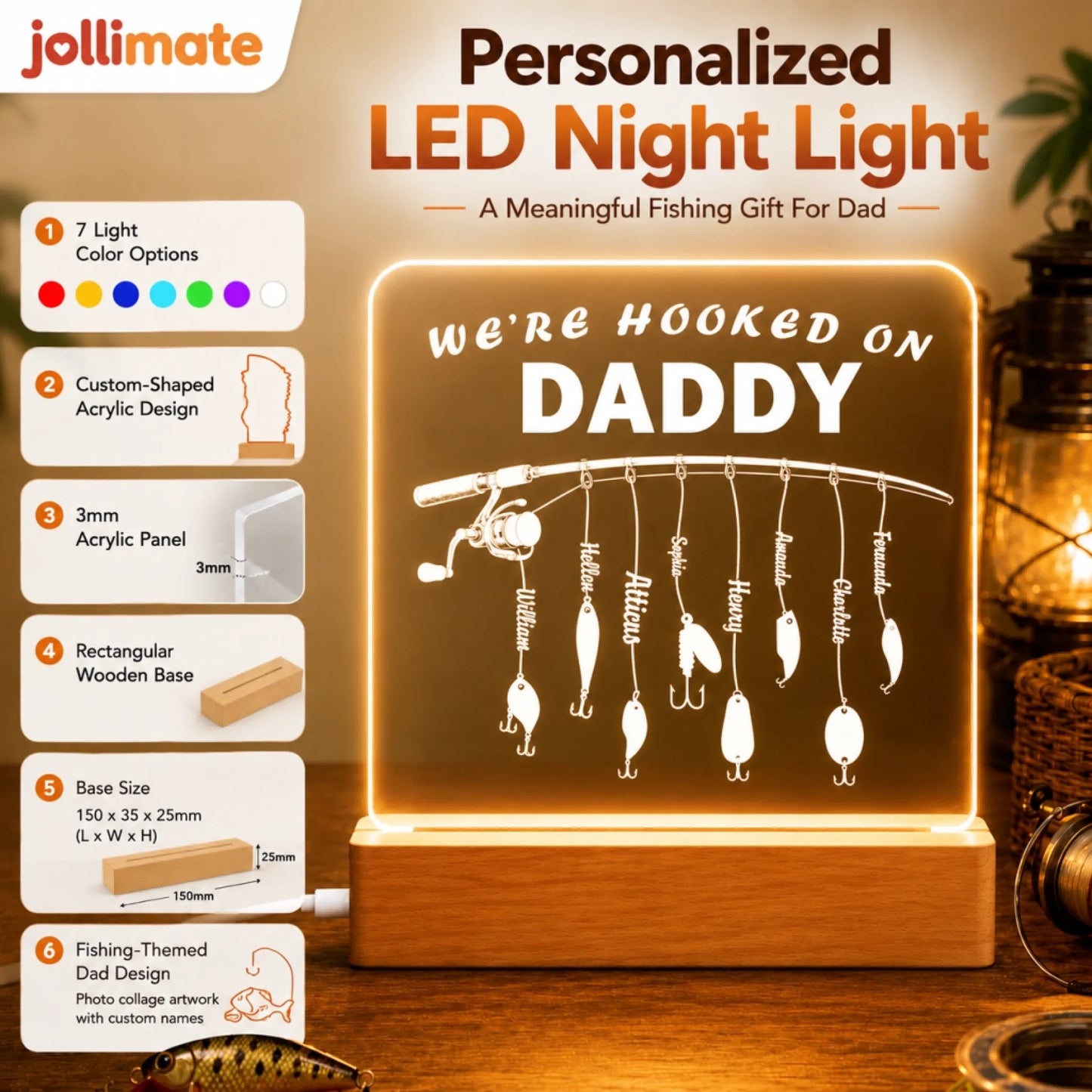 Personalized LED night light for fishing-themed gifts, featuring 'We're Hooked on Daddy' design.