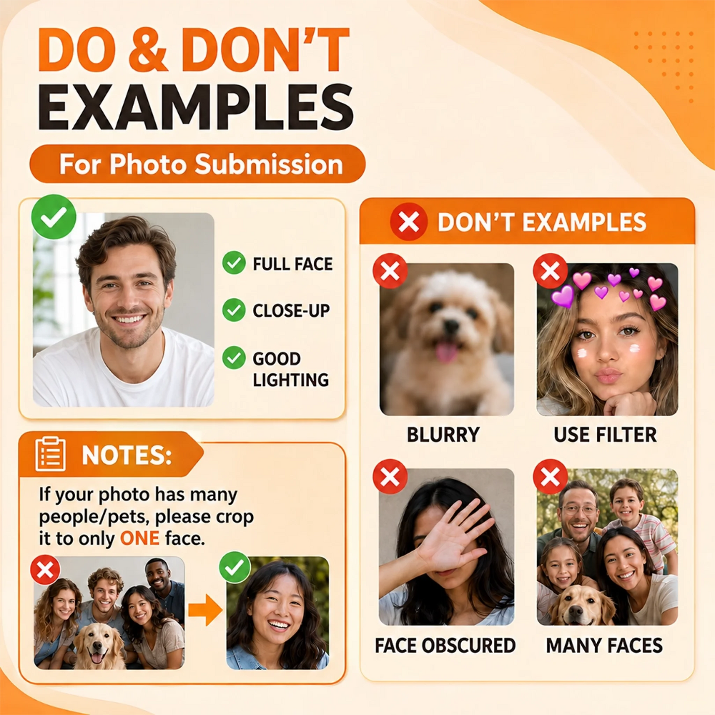 Guidelines for photo submission with do and don't examples on an orange and beige background.
