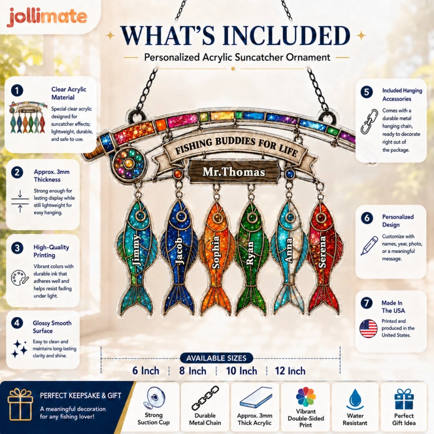 Personalized acrylic suncatcher ornament with colorful fish designs and text, featuring jollimate branding.