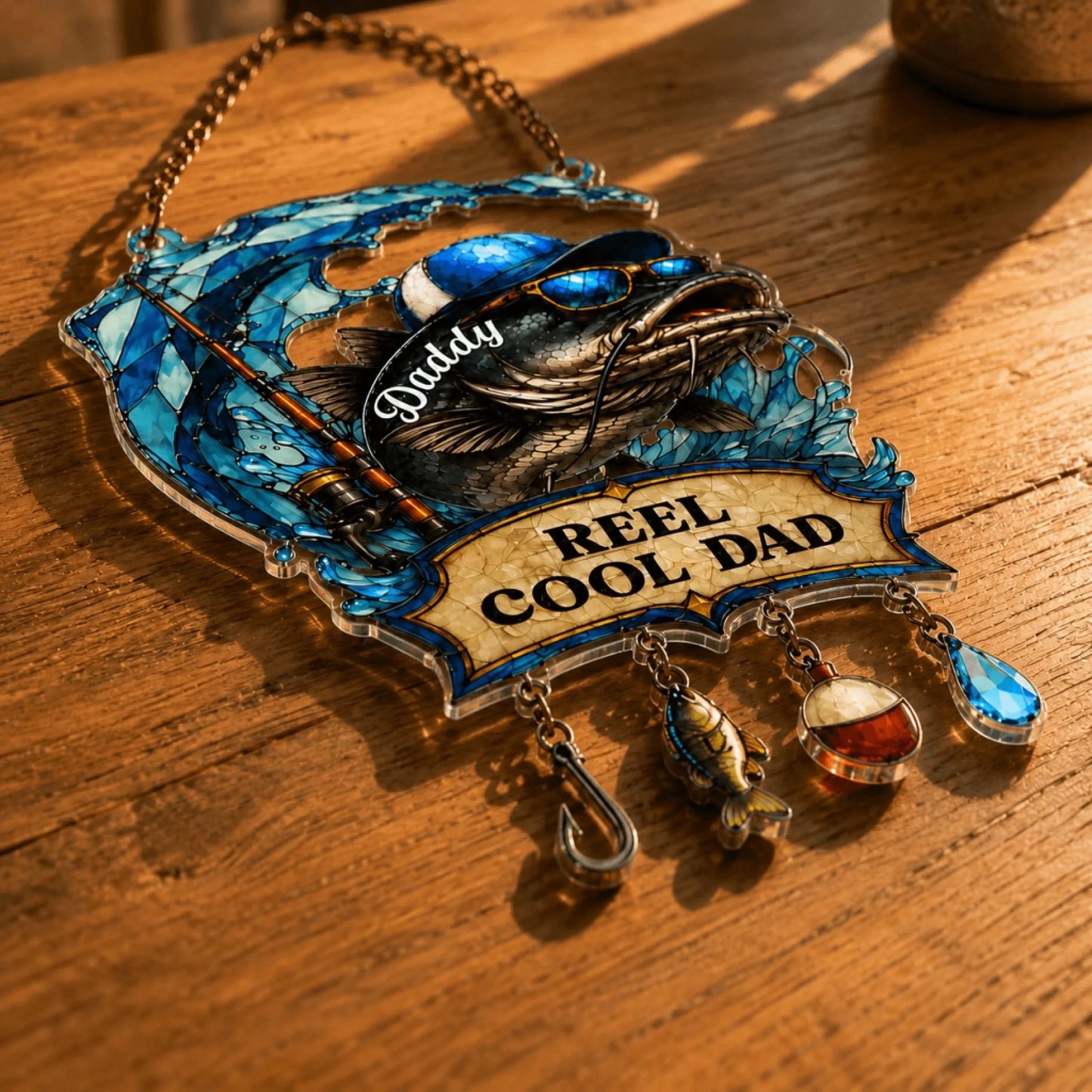 Decorative fishing-themed ornament with 'Daddy' and 'Reel Cool Dad' text on a wooden surface.
