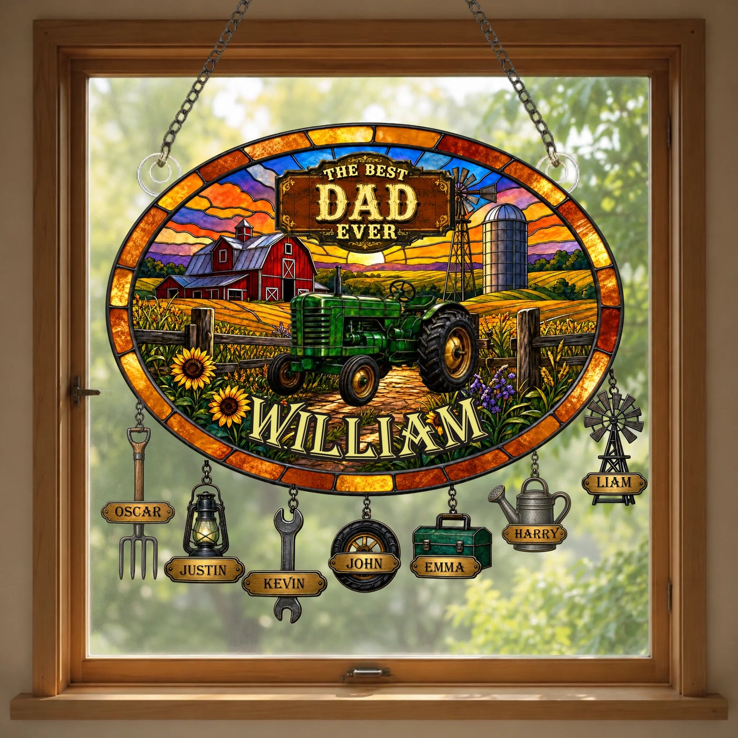 Stained glass window with a tractor and farm scene, featuring the text 'The Best Dad Ever' and 'William'.