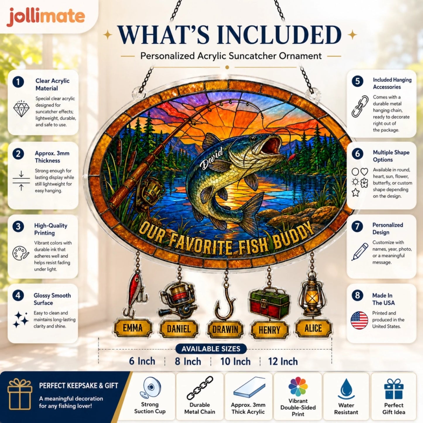 Jollimate personalized acrylic suncatcher ornament with fish design and included accessories.