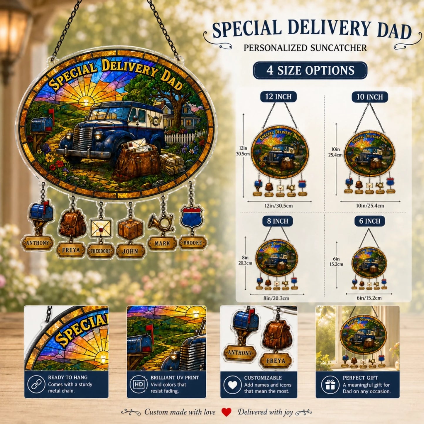 Personalized suncatcher with 'Special Delivery Dad' text and truck design, featuring size options and product details.