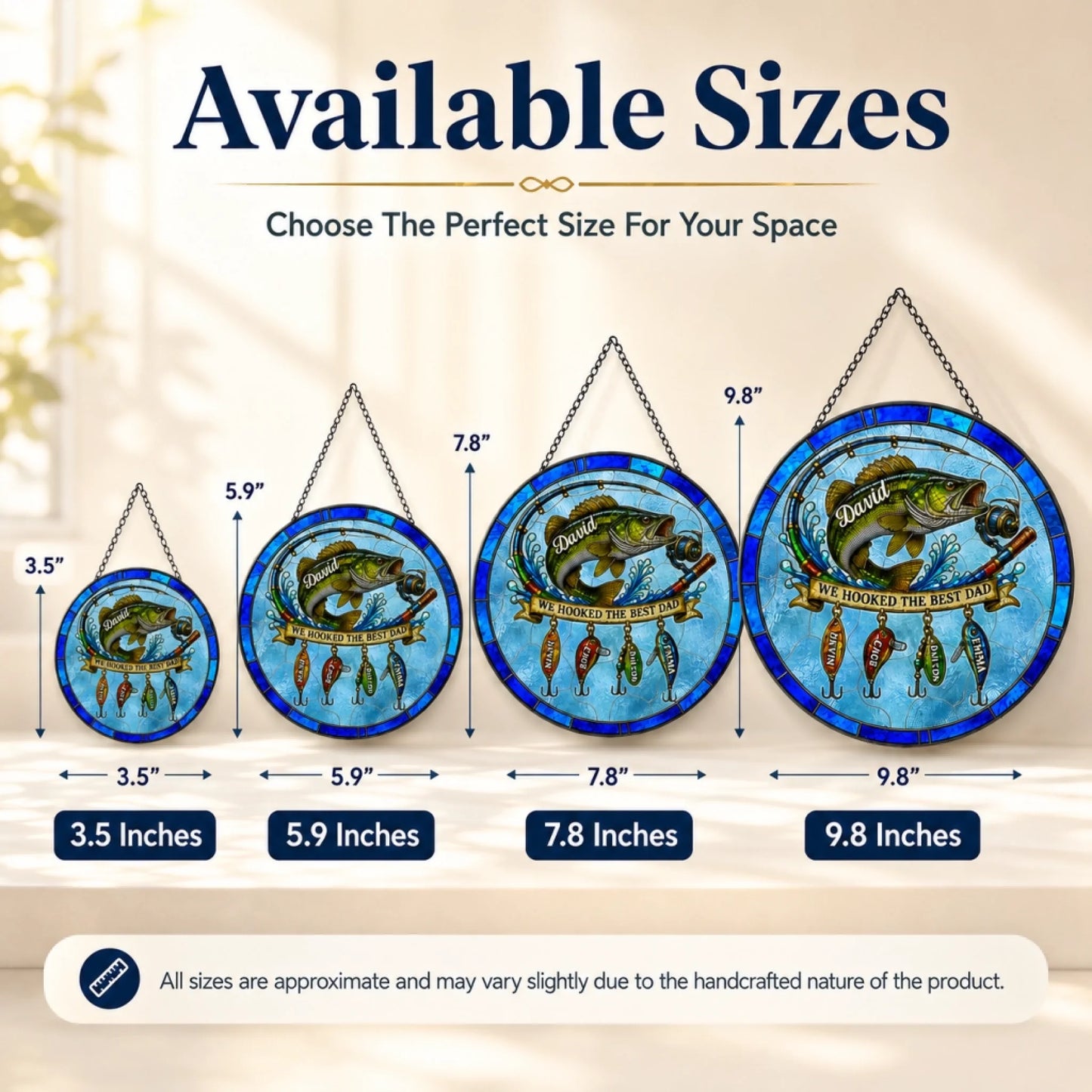 Size chart for decorative wall art with fish illustrations and text.
