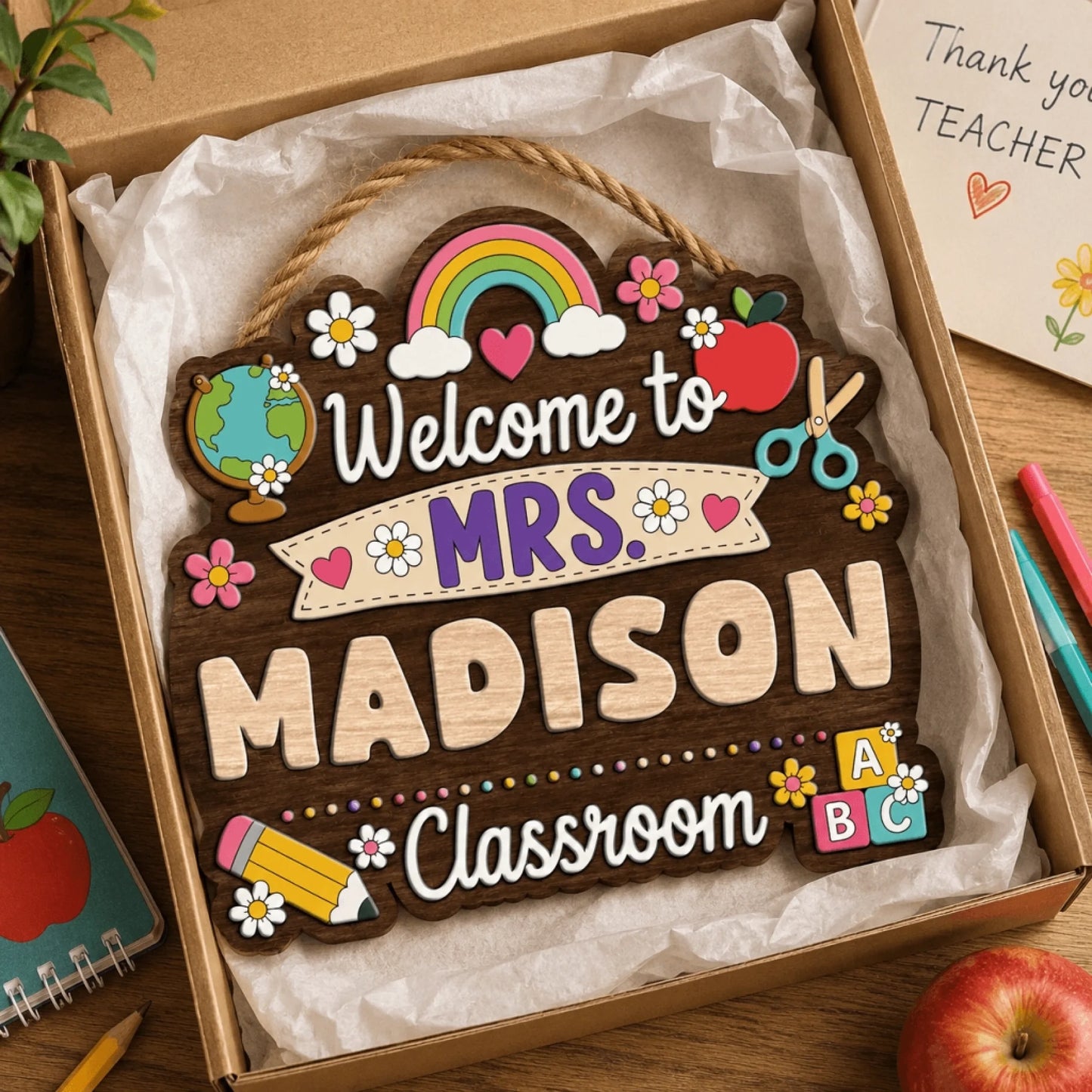 A colorful wooden welcome sign in a gift box, featuring a rainbow, globe, apple, pencil, and ABC blocks. Text reads 'Welcome to MRS. MADISON Classroom'. It has a rope hanger.