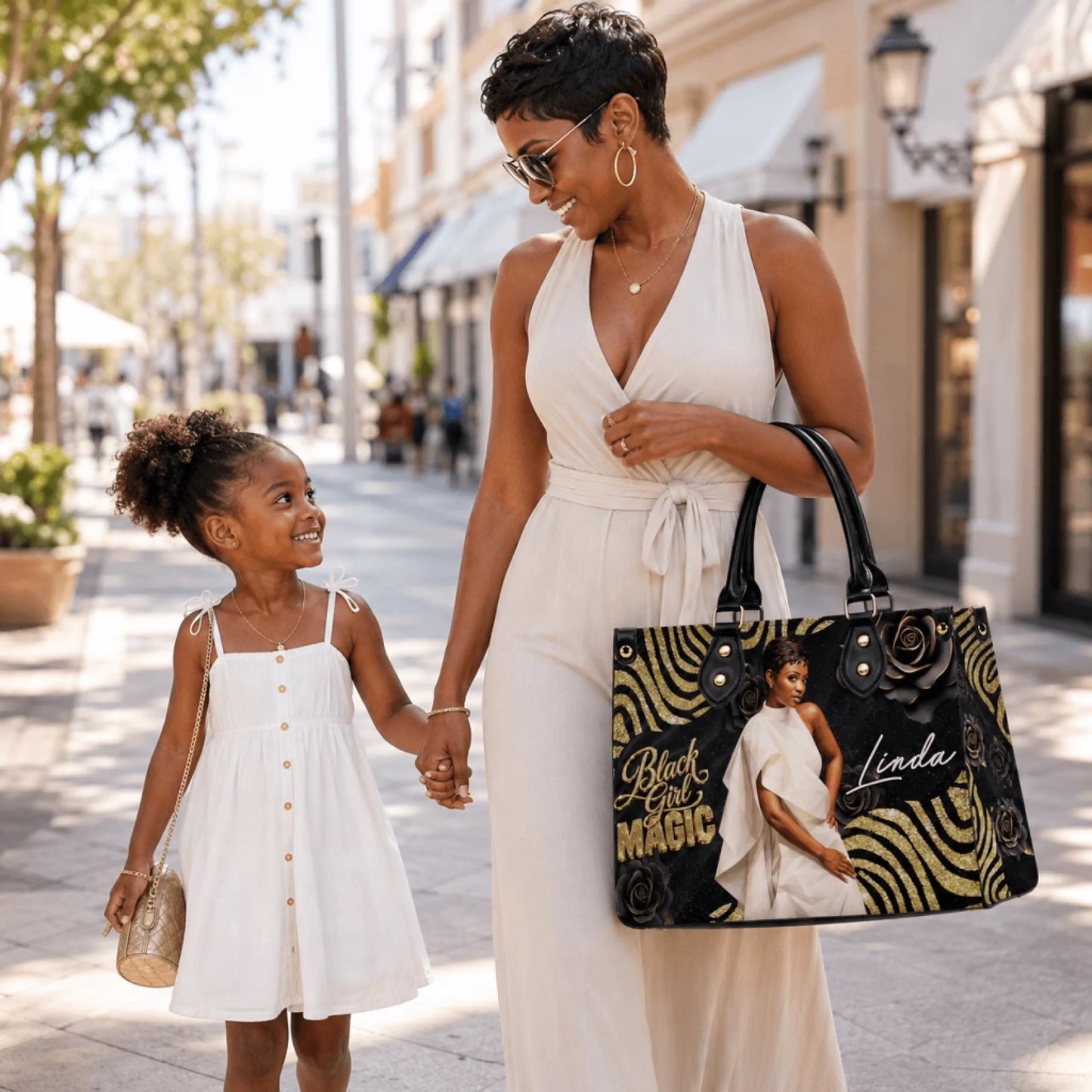 Custom Black Girl Magic photo handbag with personalized Linda name, featuring a fashionable black and gold rose design.