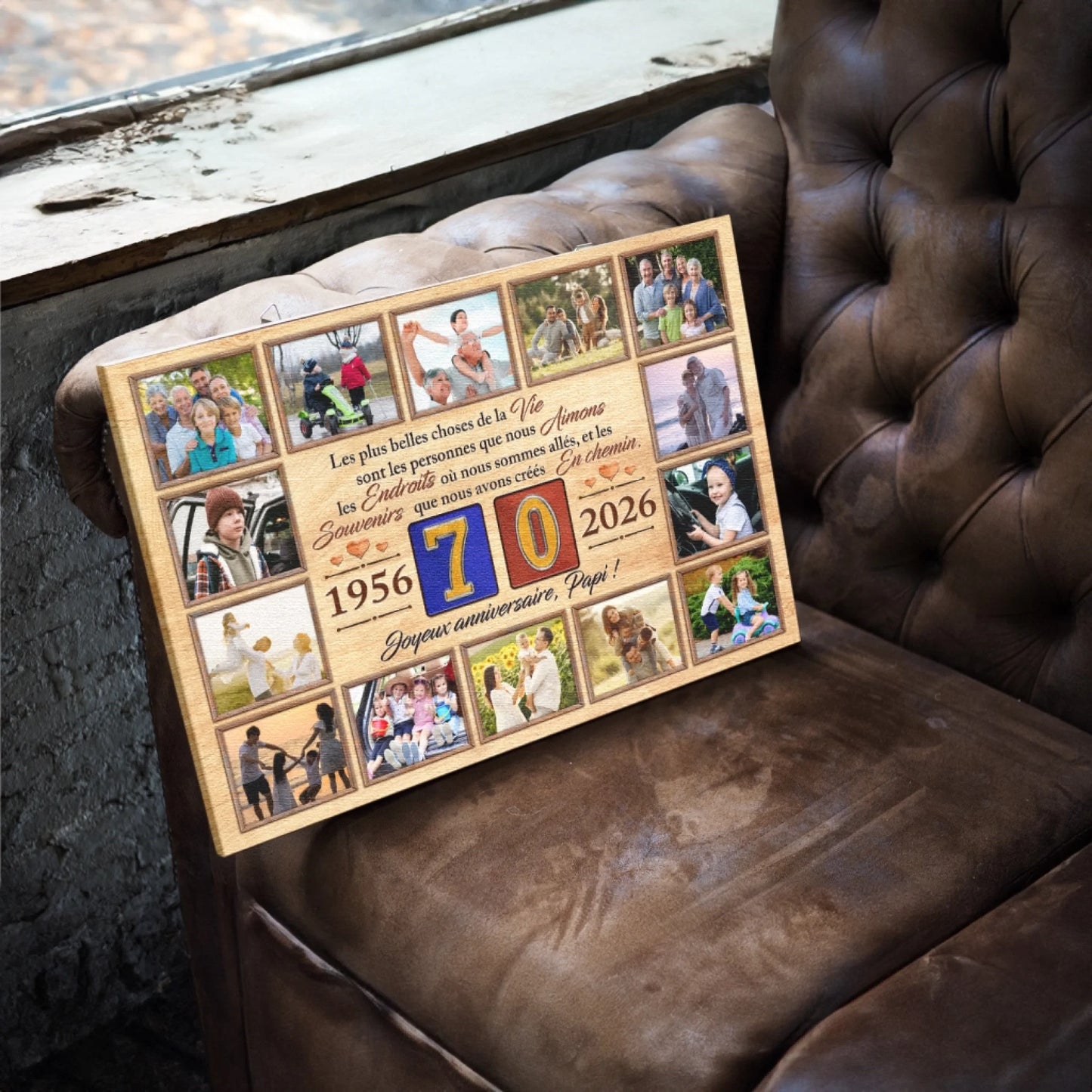 Tableau personnalisé avec collage photos et texte joyeux anniversaire pour célébrer 70 ans de vie en famille.