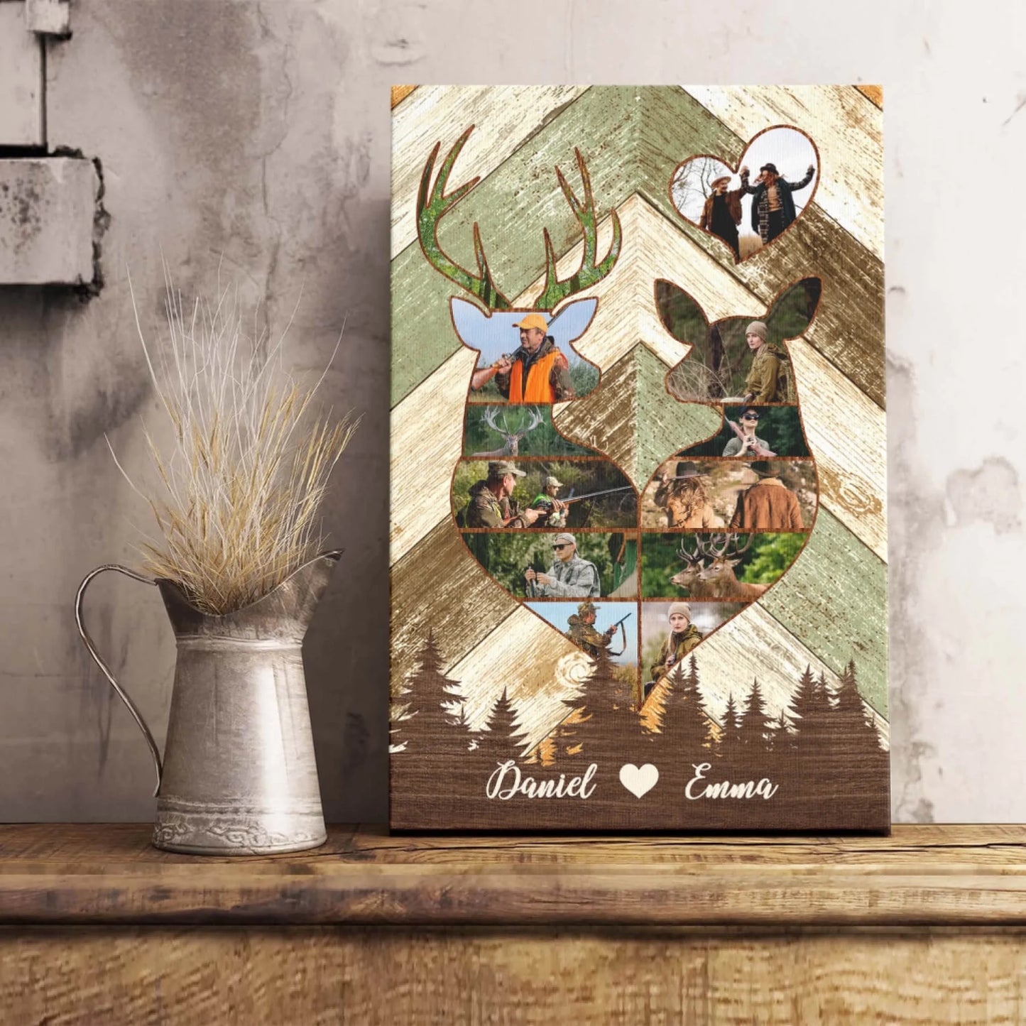 Close-up Detail of Couple Hunting Canvas – Antler, Heart, and Woodland Design
