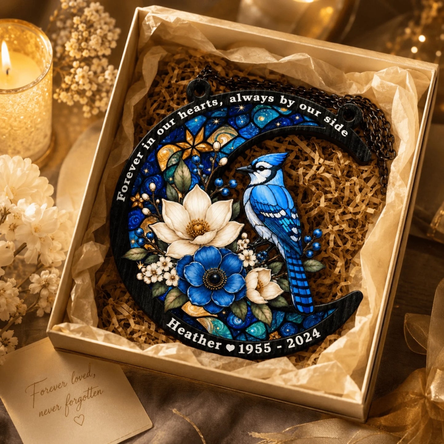 Memorial gift box with blue jay and flower crescent moon suncatcher featuring custom name Heather and dates