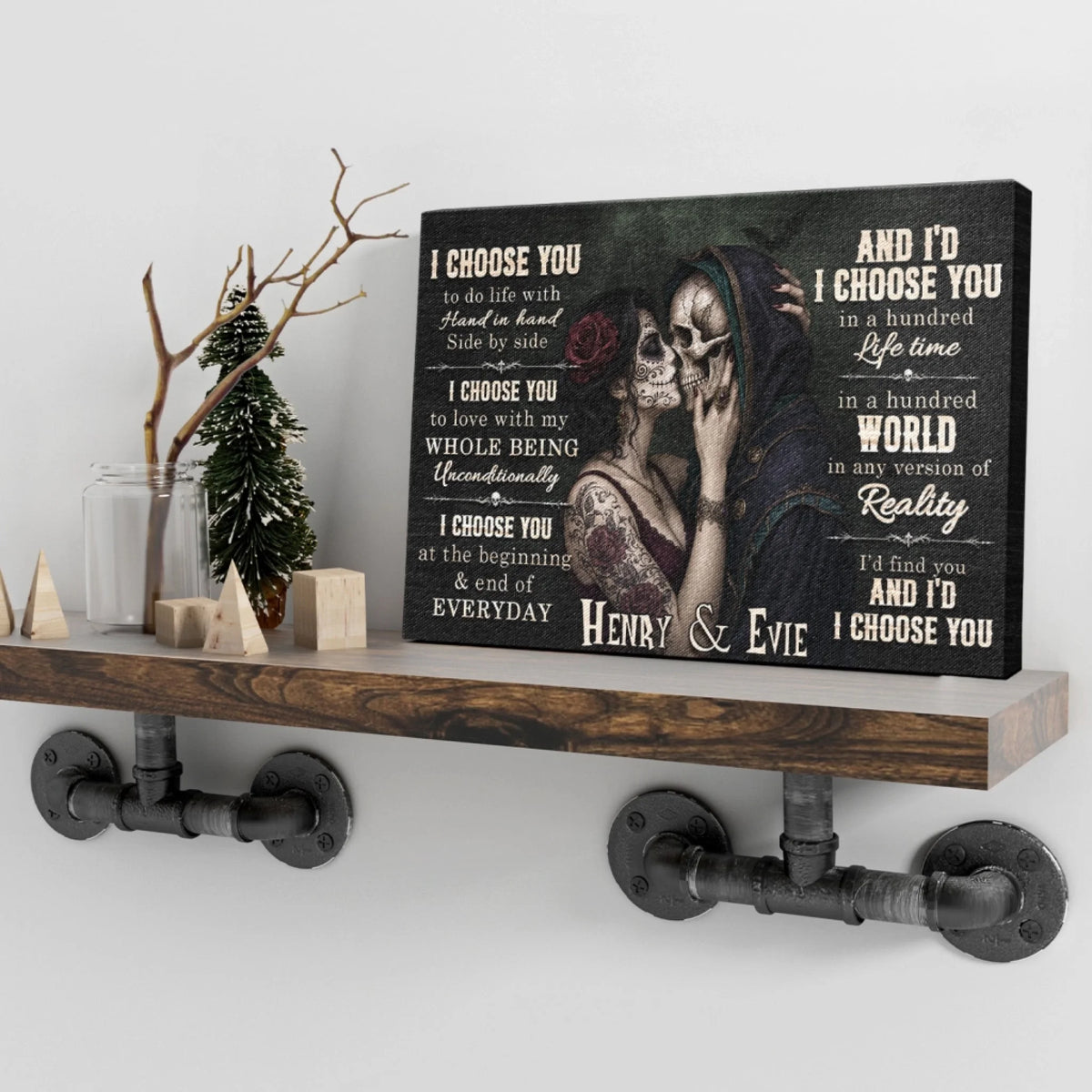 Custom canvas art featuring a romantic sugar skull couple with names Henry and Evie, ideal for gothic home decor