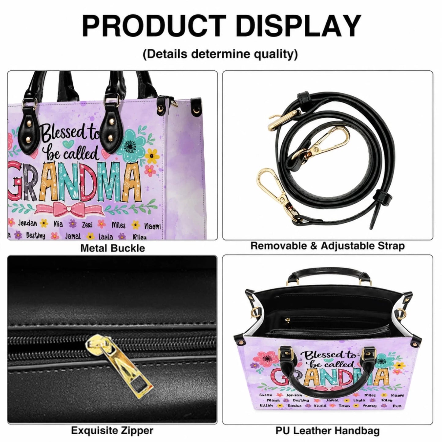 Detail shots of a personalized PU leather handbag showing a removable adjustable strap, metal buckle, and zipper.