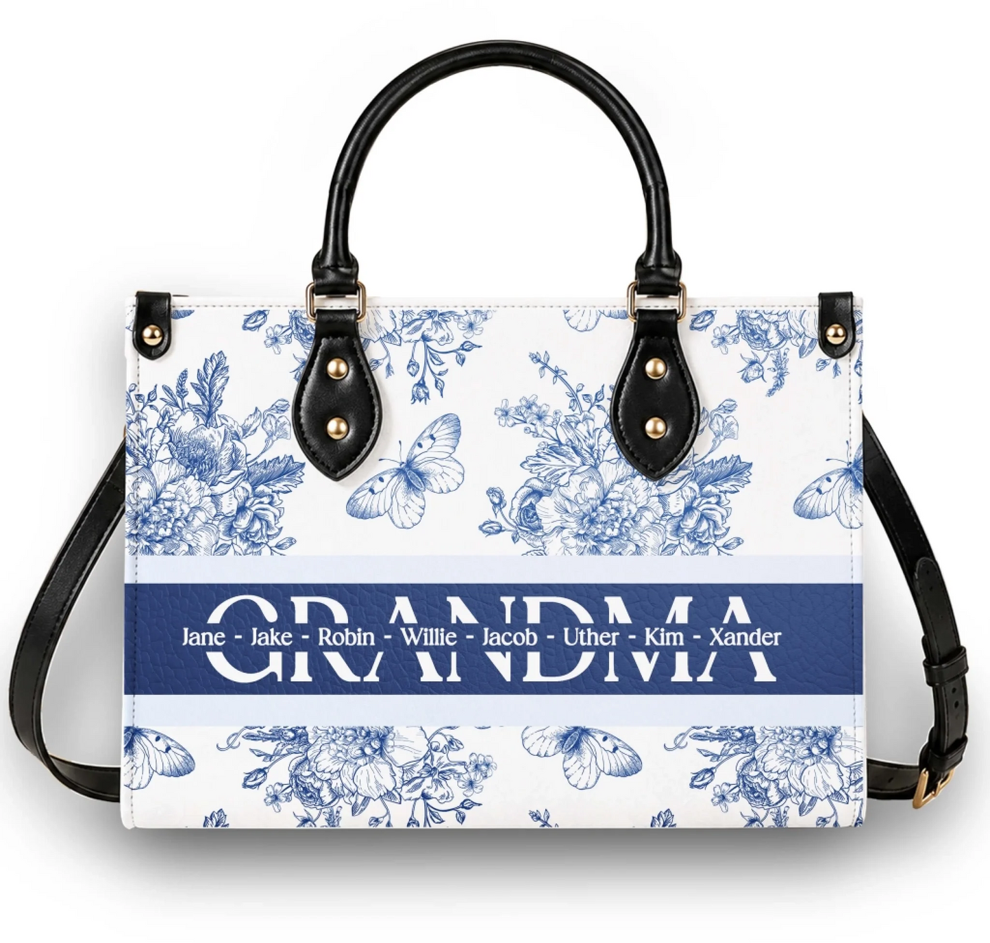 Custom grandma handbag featuring a blue floral butterfly print with a personalized name list on the front panel.
