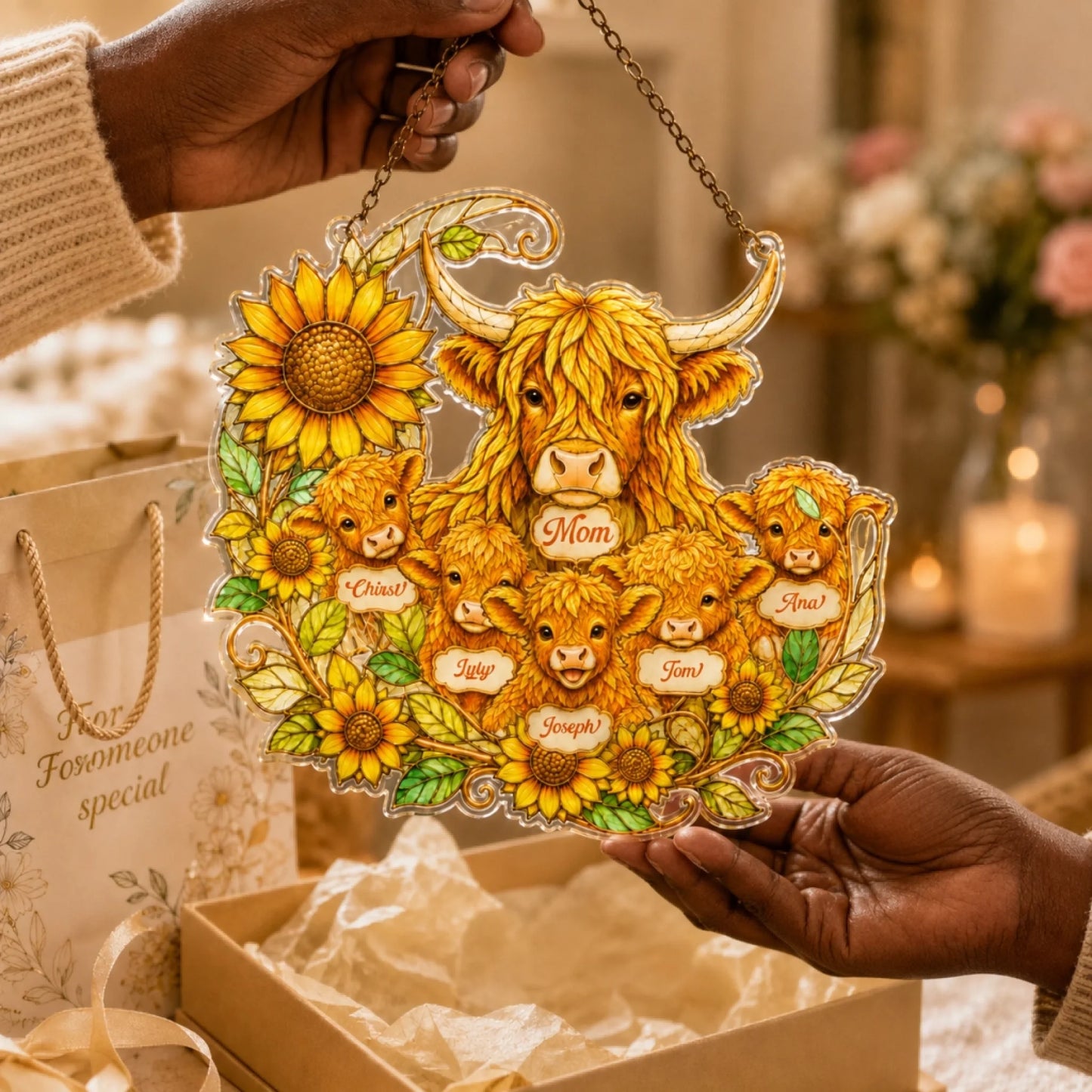 Handheld personalized highland cow family acrylic suncatcher with sunflowers, perfect custom family gift for mom.