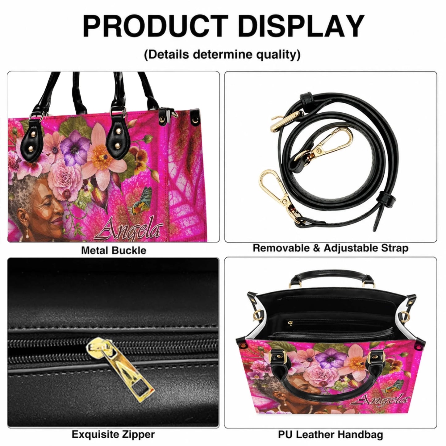 Custom name floral PU leather handbag showing interior zipper detail and an adjustable removable shoulder strap.