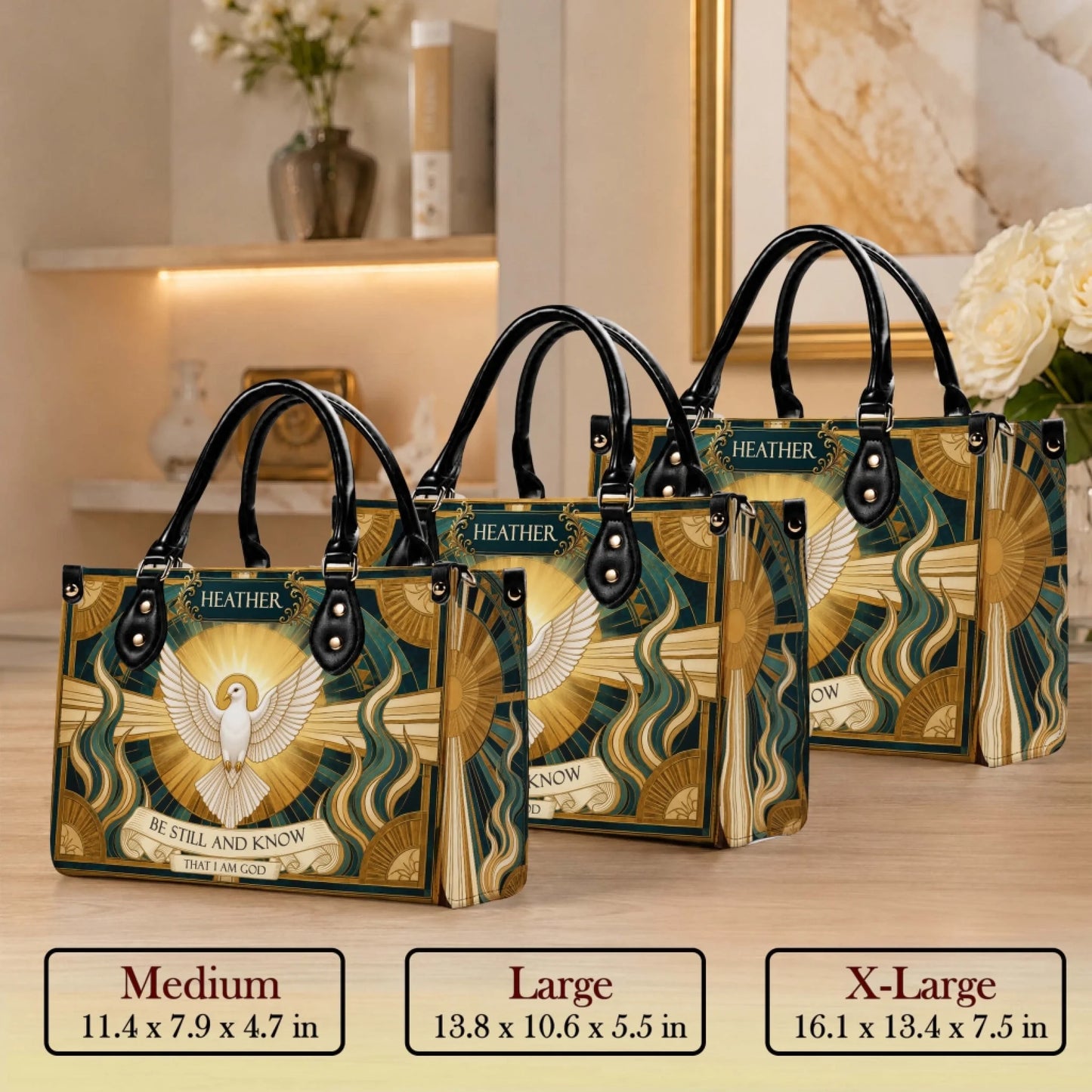 Three different sizes of a religious themed handbag featuring a holy spirit design available in medium, large, and XL.