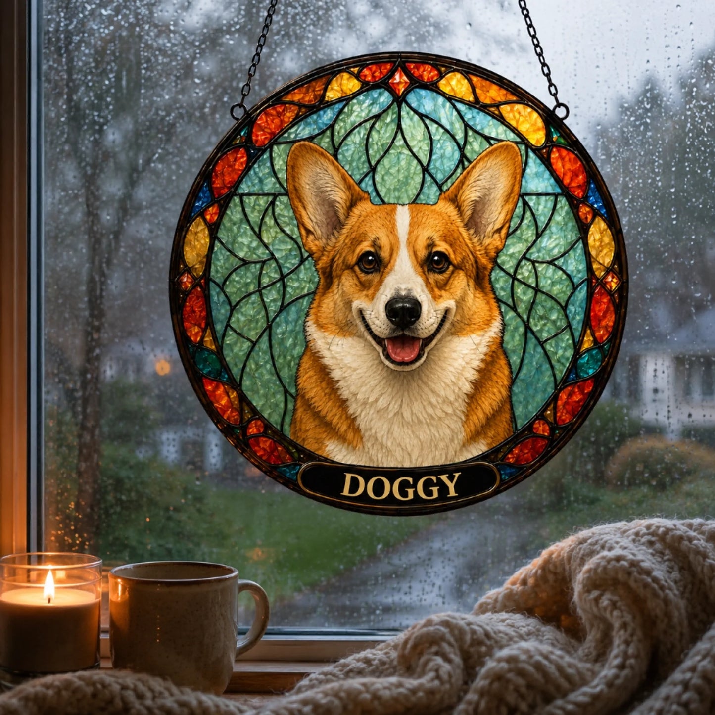 Custom dog suncatcher available in 4 sizes – stained glass ornament for dog lovers