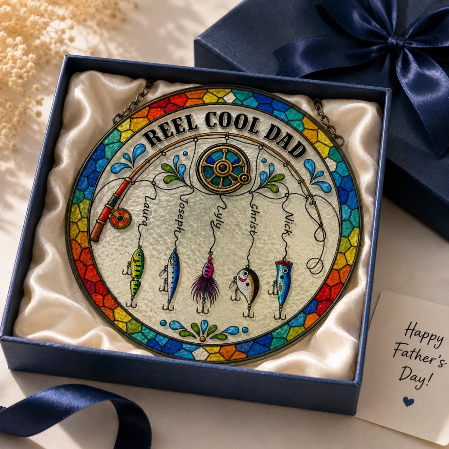 Colorful 'Reel Cool Dad' fishing-themed decorative plate in a box with a blue ribbon.