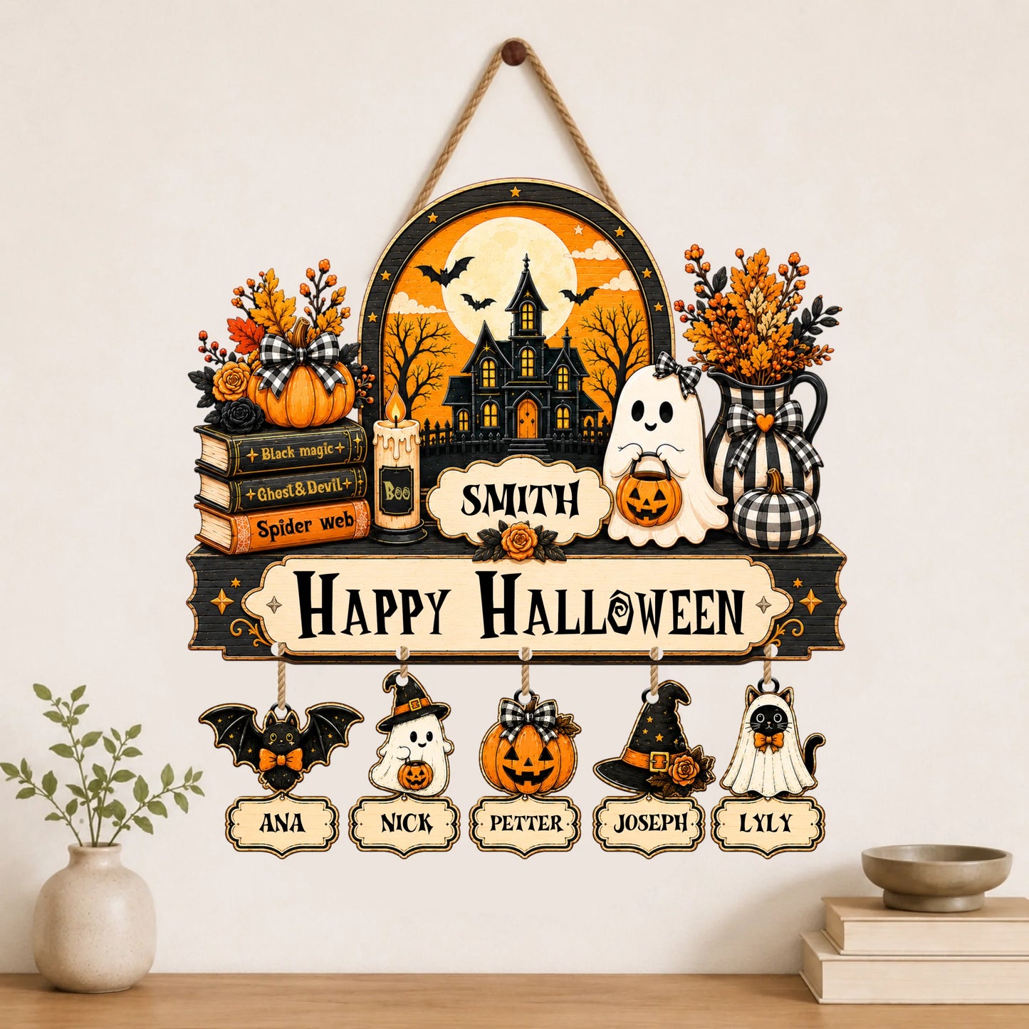 Customizable Smith family Halloween wooden wall sign decorated with ghosts, pumpkins, and individual family member tags.