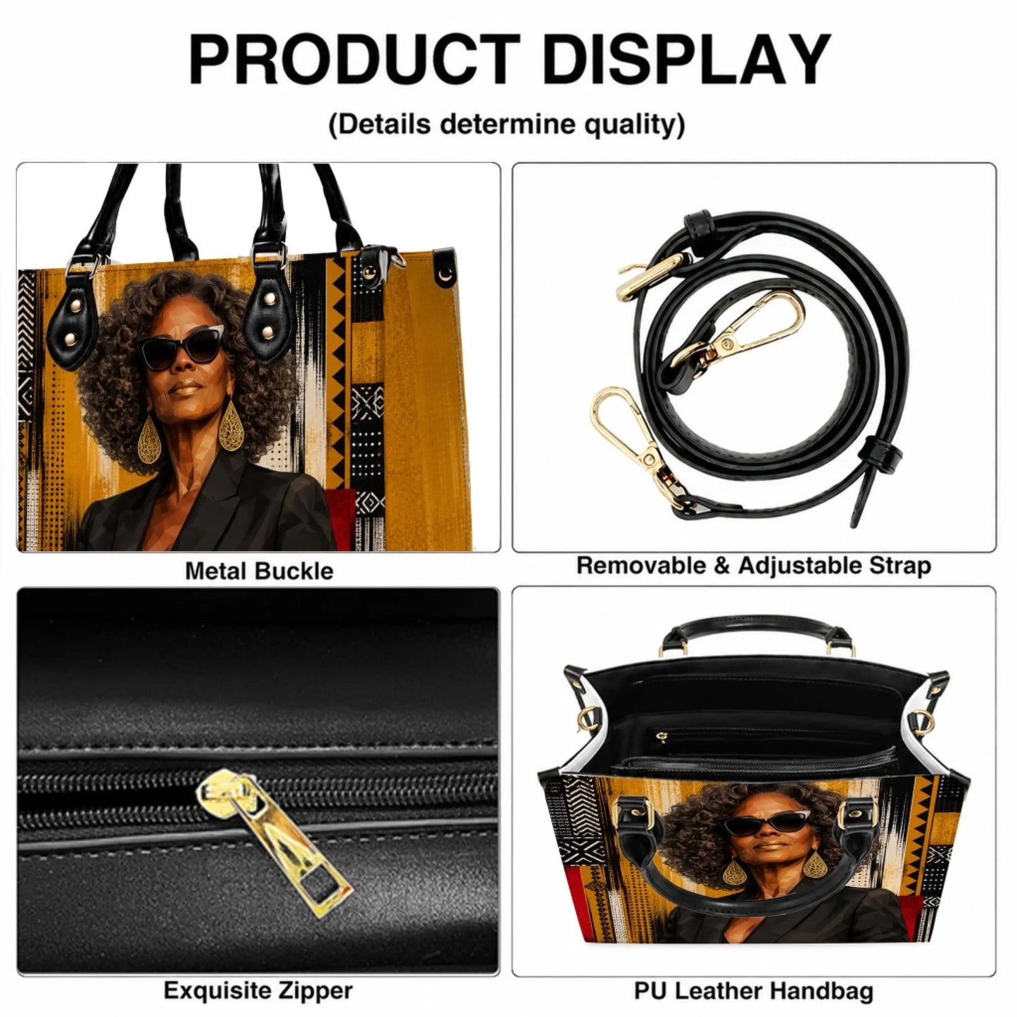 Close up product display showing the quality metal buckle, adjustable strap, exquisite zipper and spacious interior.