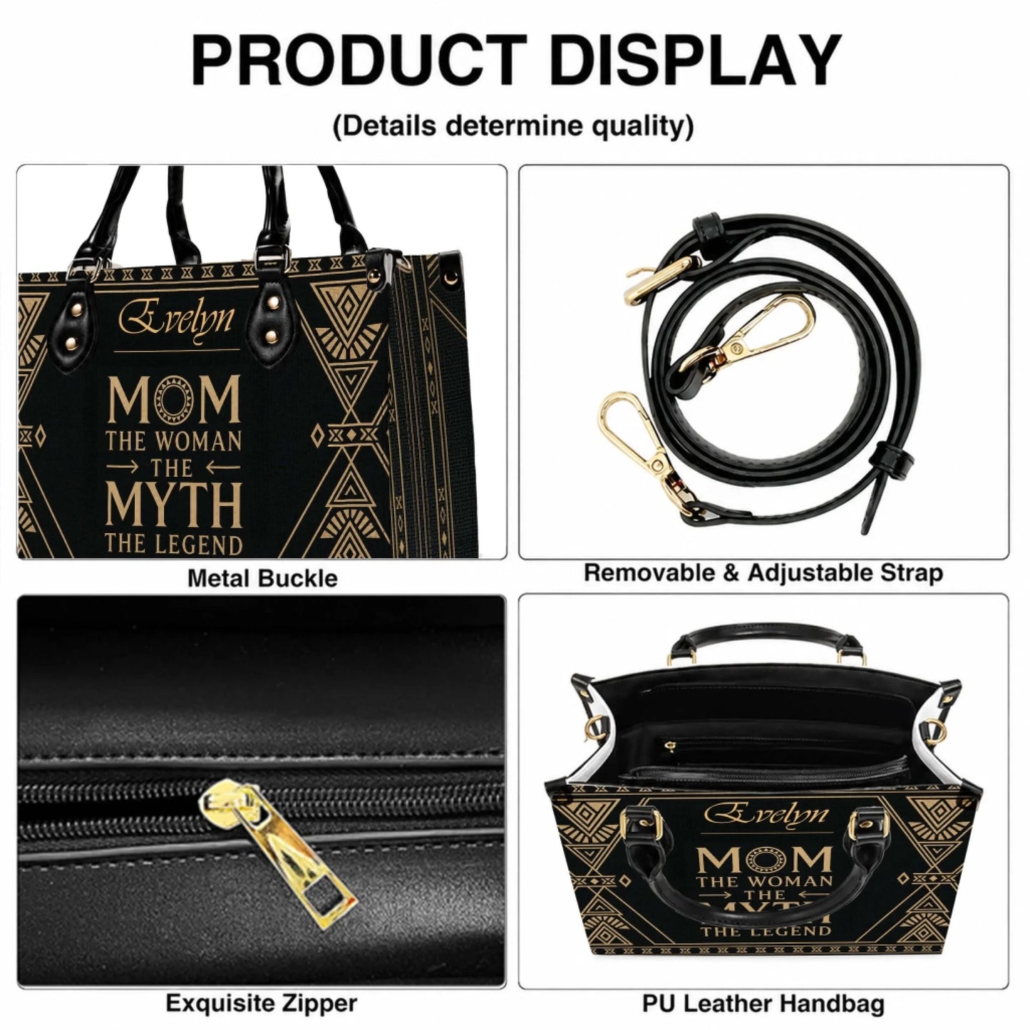 Product detail view of a custom leather handbag showing the sturdy zipper metal buckle and removable strap