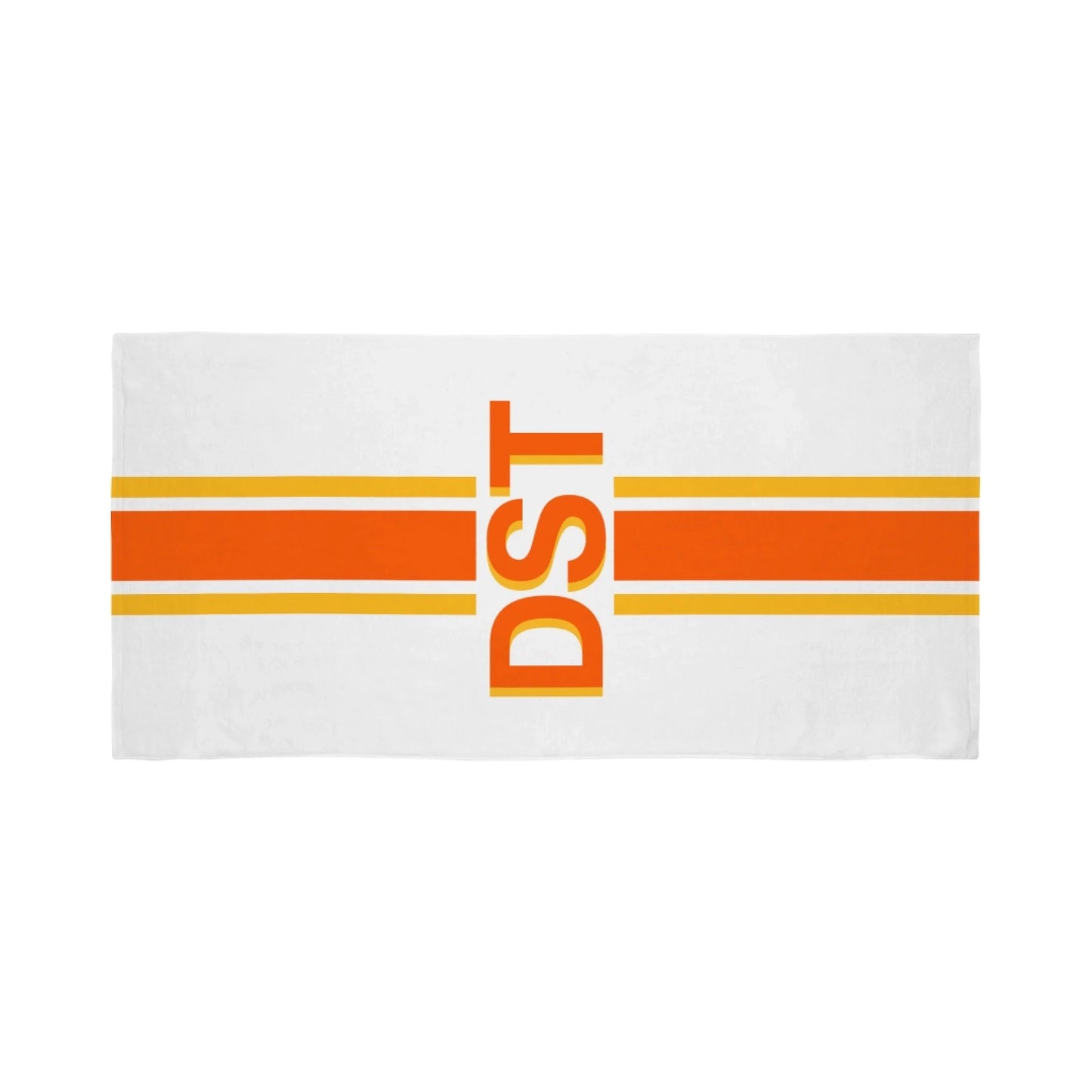 Custom beach towel featuring the letters DST in orange and yellow with bold horizontal striped retro design accents.