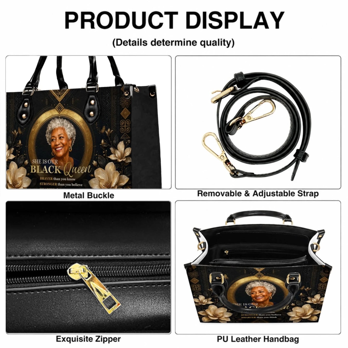 Close up details of a Black queen leather handbag including the metal buckle, zipper, and adjustable shoulder strap.