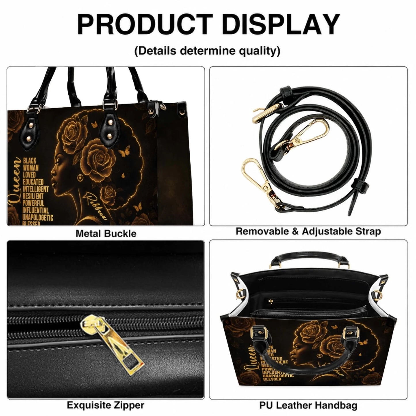Product display showing details of a custom Black Queen handbag including metal buckles, adjustable strap, and zipper.