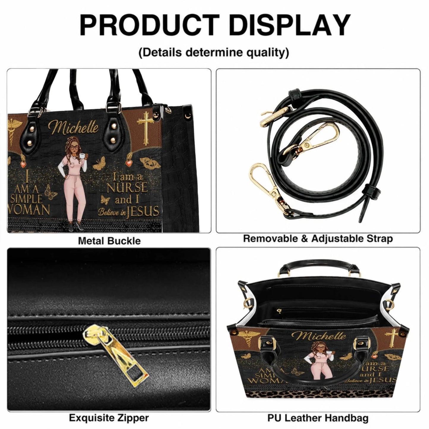 Product details of the custom nurse handbag, showcasing a durable adjustable strap, quality gold zipper, and reinforced metal buckles.