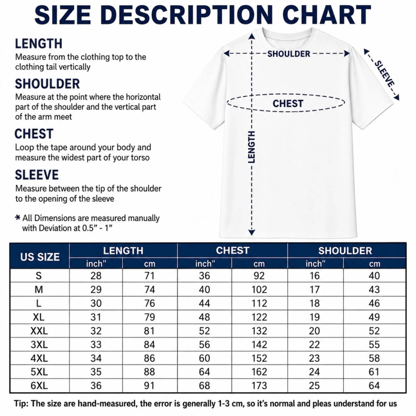 Detailed size description chart for men's fishing t shirts with measurements for length, chest, and shoulder in inches and cm.