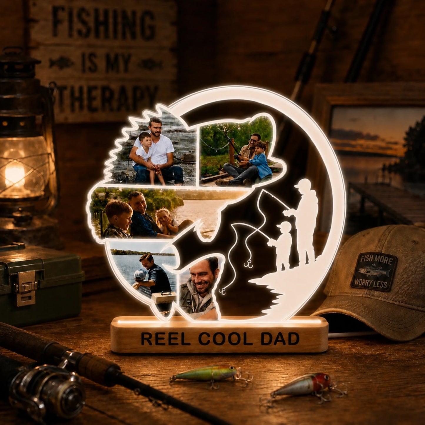 Decorative lamp with fishing theme and family photos, placed on a wooden surface with fishing equipment.