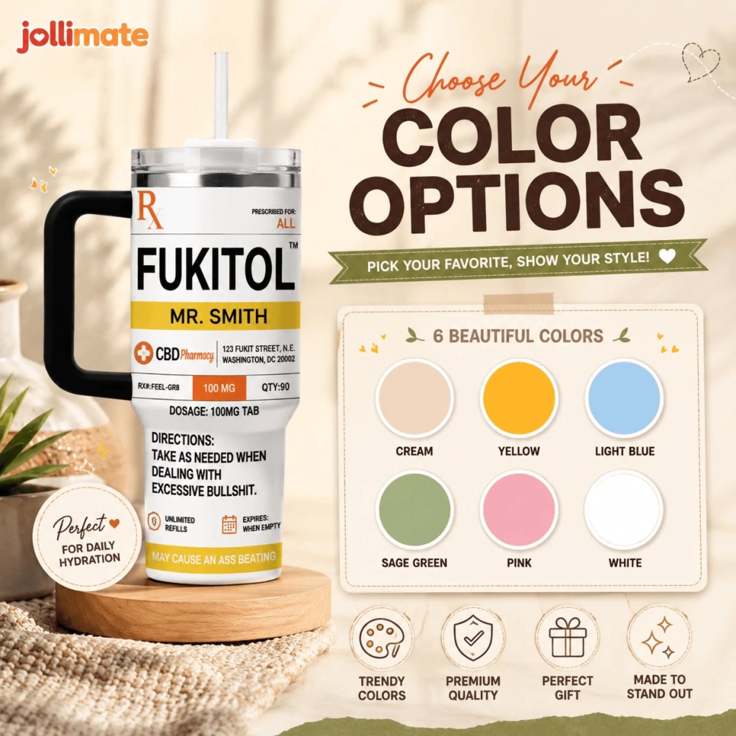 Funny custom prescription tumbler with multiple color options and sarcastic medical label design for gifts.