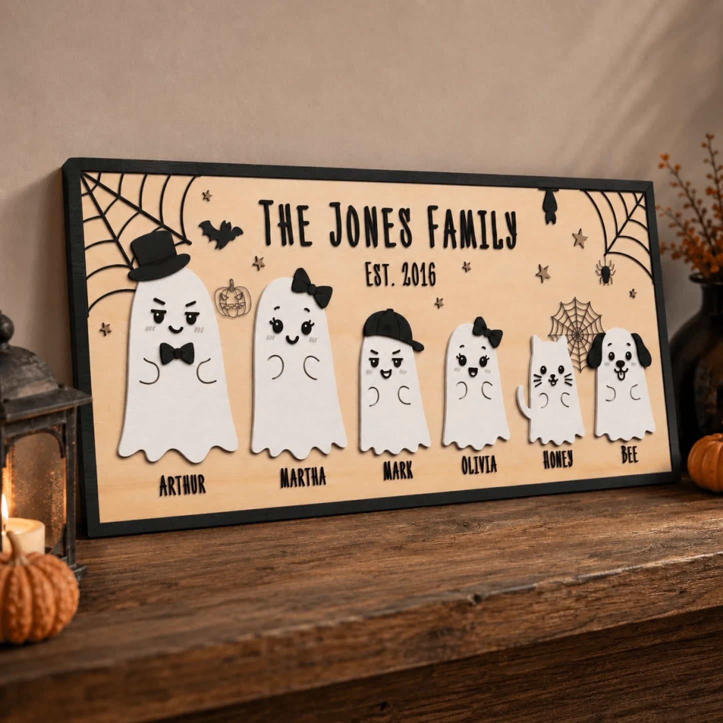 Personalized ghost family wooden sign with custom names, a fun and spooky Halloween gift for family home decor.
