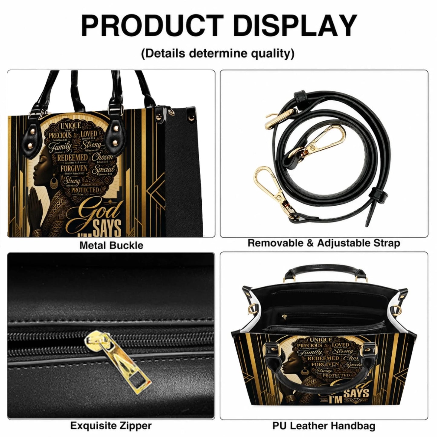 Detailed view of a black woman faith PU leather tote bag with metal buckle exquisite zipper and removable adjustable strap.